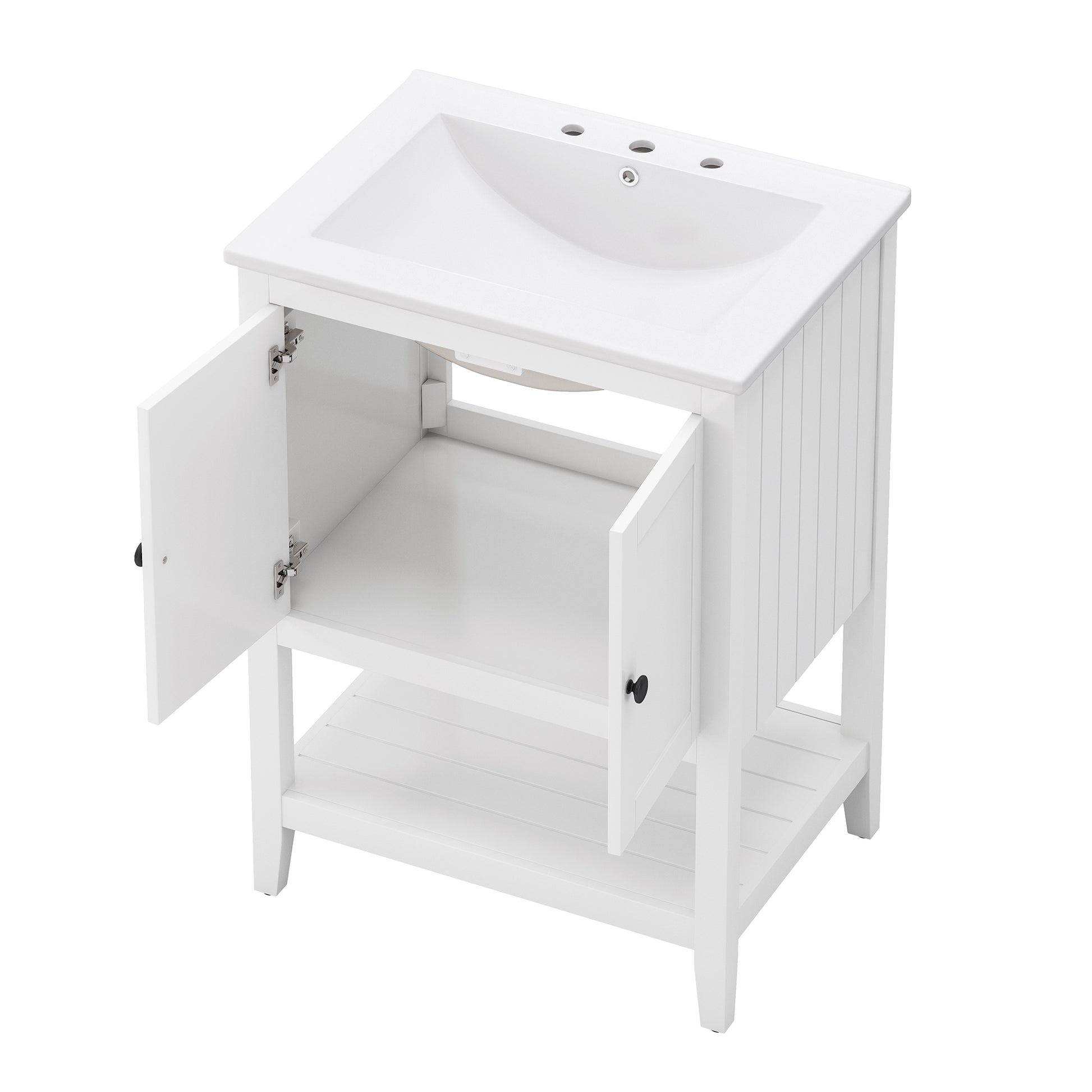 24" White Modern Sleek Bathroom Vanity Elegant Ceramic Sink With Solid Wood Frame Open Style Shelf White Solid Wood