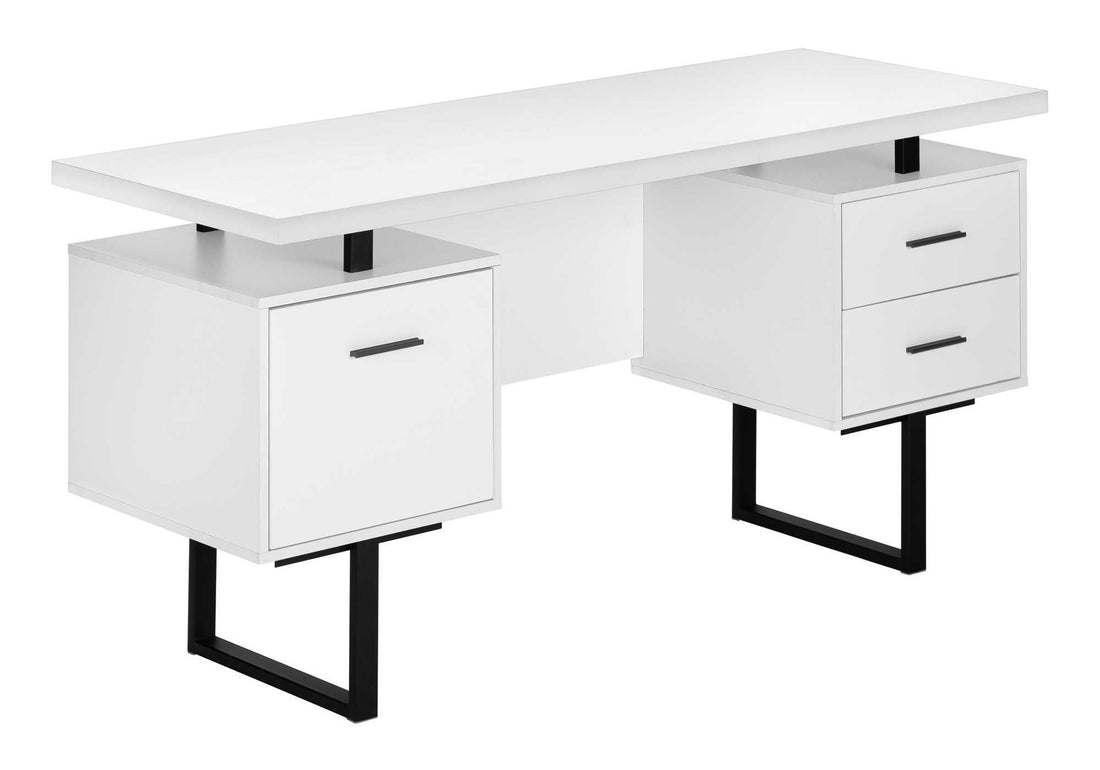 Computer Desk, Home Office, Laptop, Left, Right Set Up, Storage Drawers, 60"L, Work, White Laminate, Black Metal, Contemporary, Modern White Particle Board