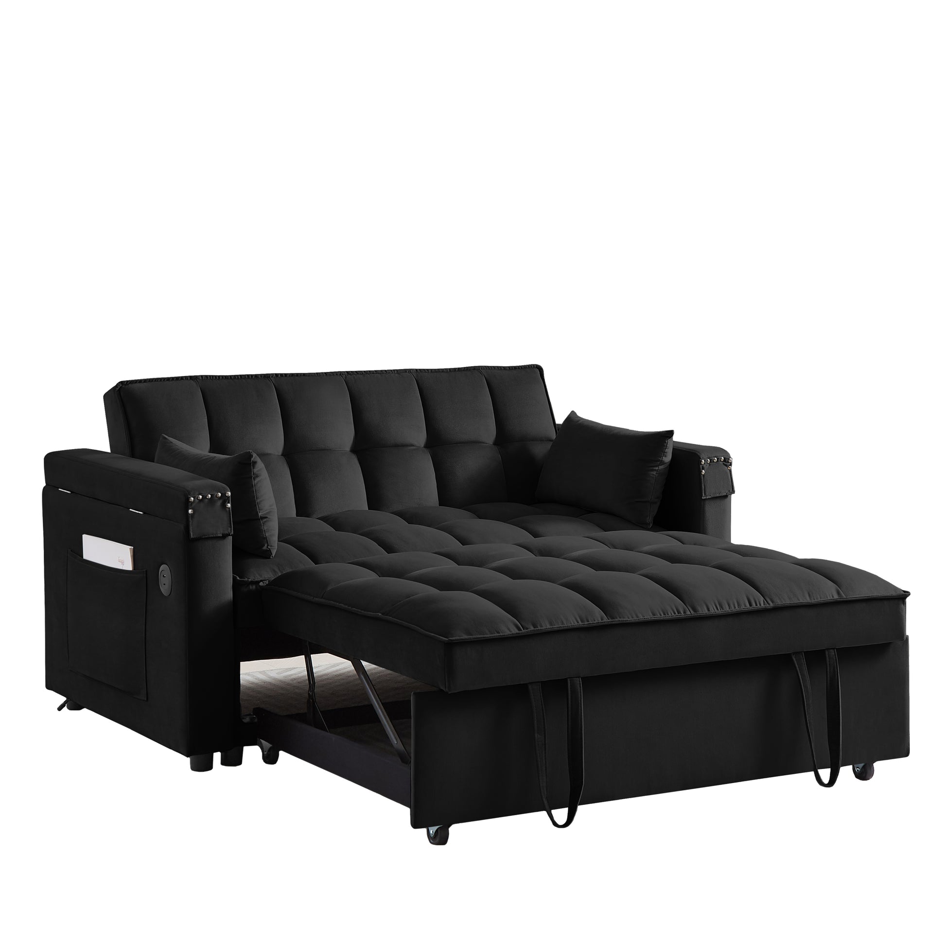 Convertible Sofa Bed, 3 In 1 Multi Functional Velvet Sleeper Couch Pull Out Bed, 48'' Loveseat Chaise Lounge With Adjustable Backrest And Pillows, Hidden Side Table For Living Room, Small Space, Black Black Velvet 2 Seat