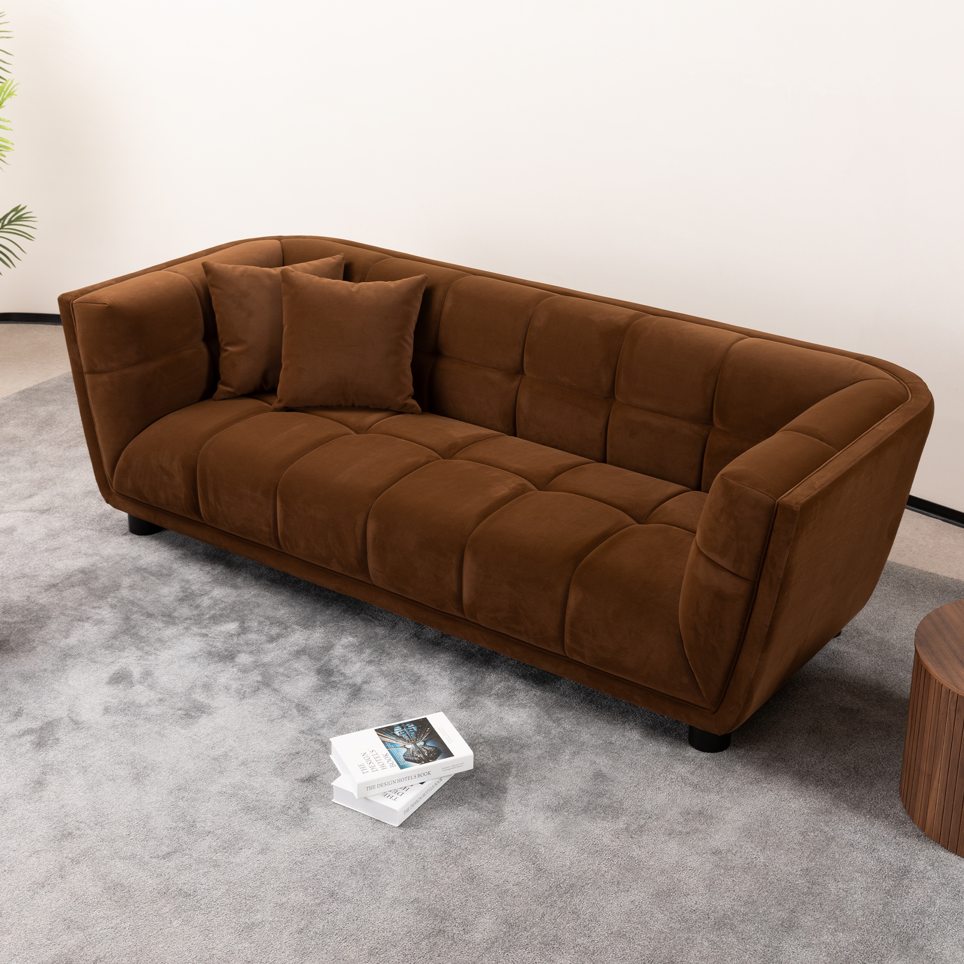 Wks13 Mid Century Modern Style: Camel Sofa Simple, Small Square Design, Velvet Fabric Texture Smooth, Retro Fashion, Solid Wood Feet, 2 People Design Camel Retro Fabric 2 Seat