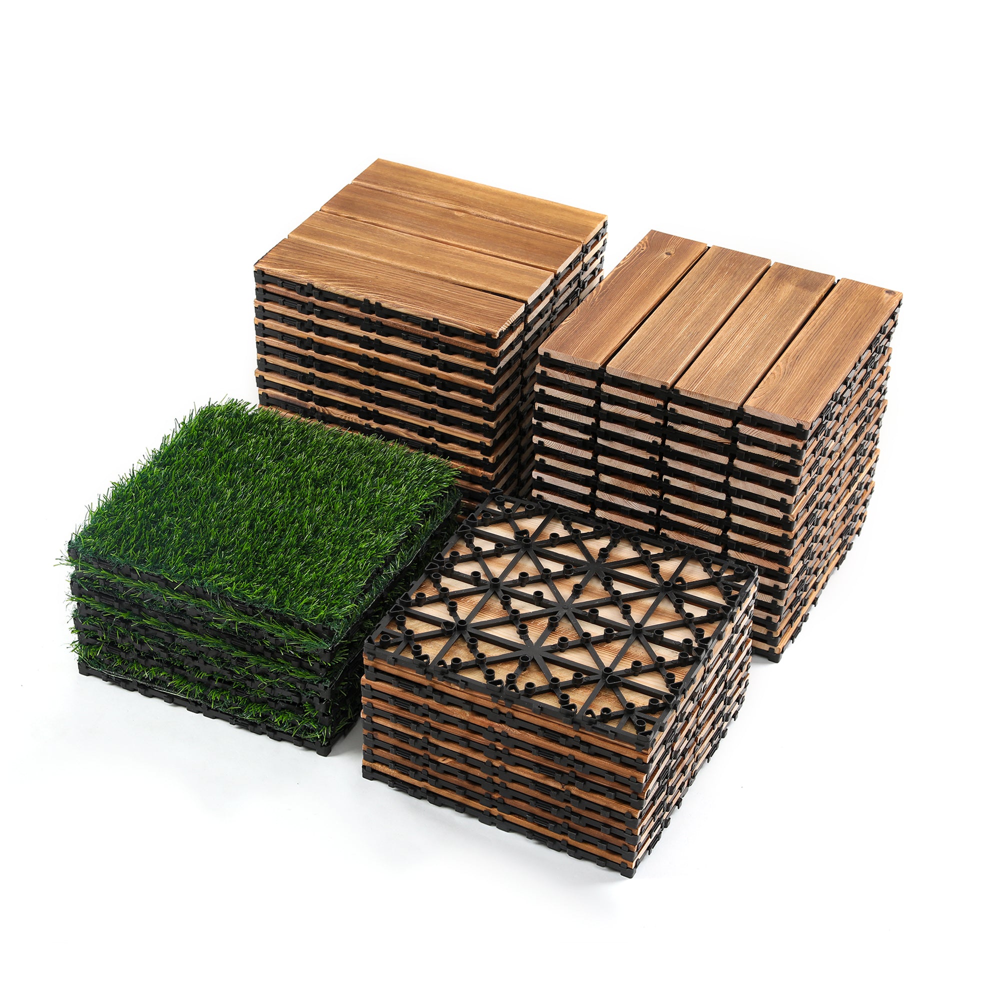 36Pcs Diy Wood Plastic Carbonized Floor, 8Pcs Simulated Lawn, Waterproof And Sunscreen Transform Your Outdoor Space Wood Wood Plastic