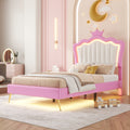 Twin Size Upholstered Bed Frame With Led Lights, Modern Upholstered Princess Bed With Crown Headboard, Pink White Box Spring Not Required Twin Pink White Wood Bedroom Modern Bed Frame Pu