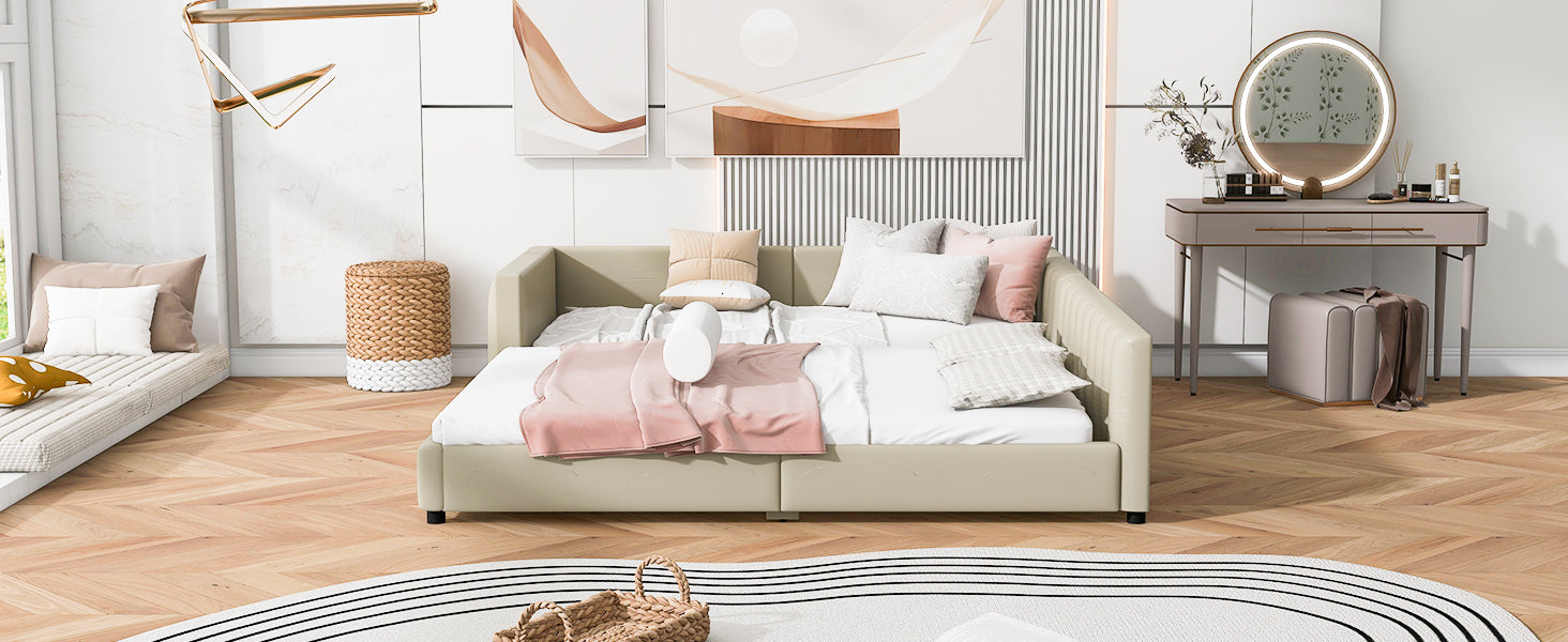 Queen Size & Twin Xl Size Upholstered Platform Bed, Mother & Child Bed, Pu Leather, Beige Beige Pu Leather