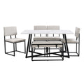 Modern Faux Marble 6 Piece Dining Table Set,60Inch Metal Kitchen Table Set With Upholstered Dining Chairs And Bench, Black Metal Dining Room Bench Seating Rectangular Dining Table With Chair And Bench Metal Wood Black Seats 6 60 Inches Farmhouse Trestle