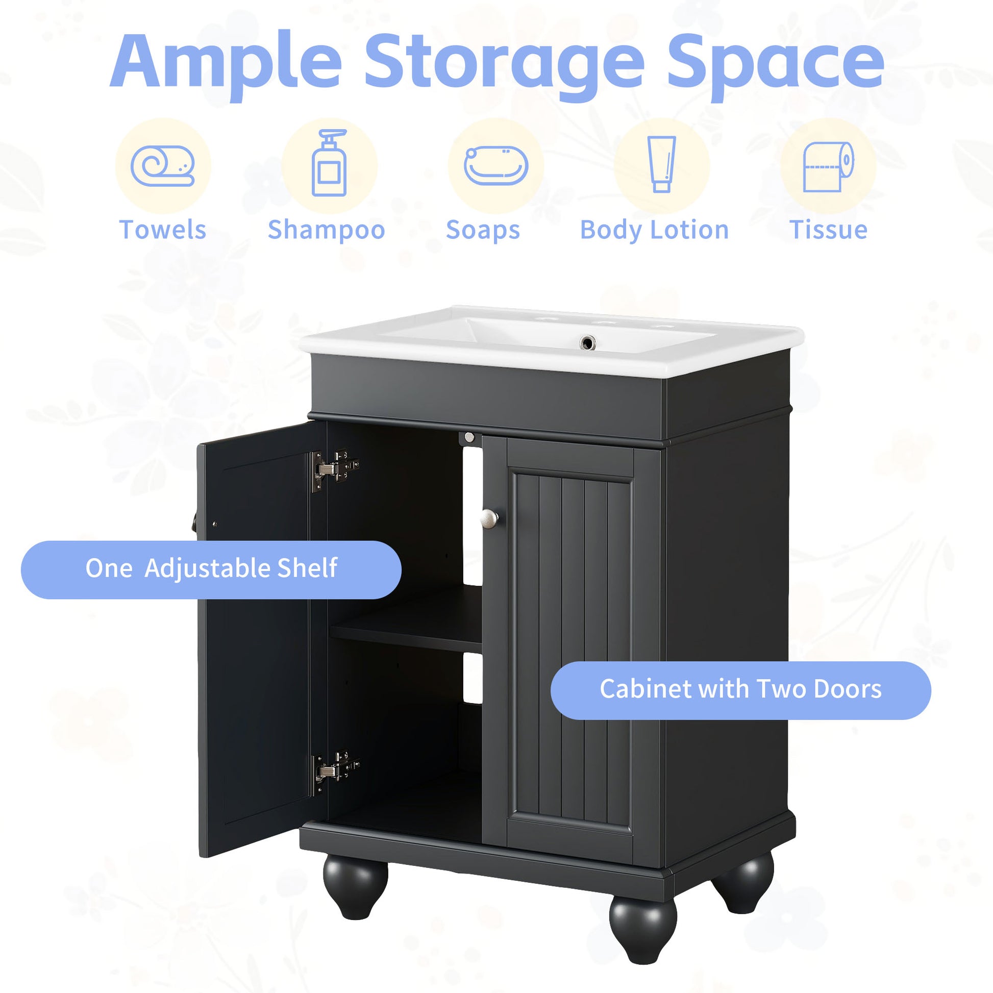 24" Black Modern Sleek Bathroom Vanity Elegant Ceramic Sink With Solid Wood Frame, Adjustable Shelf Black Solid Wood Mdf