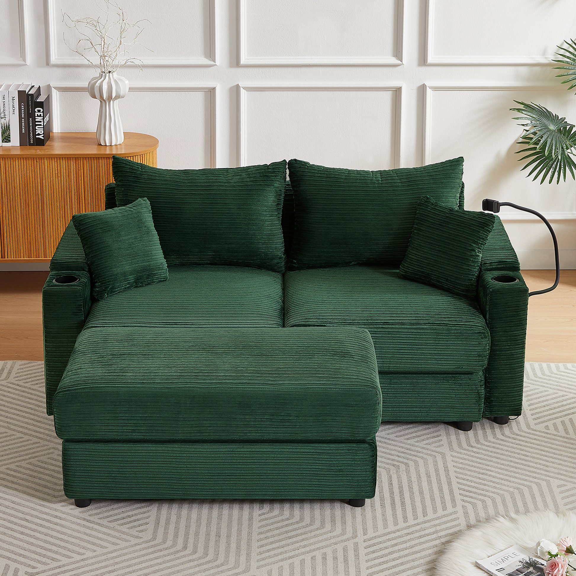 72.8" Modern Style Loveseat Sofa Sectional Sofa Couch With Storage Space, A Movable Ottoman, Two Usb Ports, Two Cup Holders, A Phone Holder For Living Room, Green Green Foam Corduroy 3 Seat