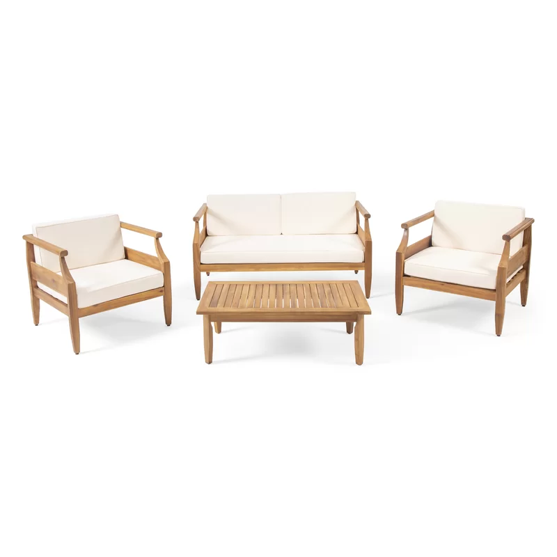 Aston Outdoor Mid Century Modern Cushioned Acacia 4 Seat Chat Set Loveseat & Coffee Table & Club Chair Teak Finish Cream Cushion Yes Complete Patio Set Teak Beige Seats 4 Weather Resistant Frame Water Resistant Cushion Garden & Outdoor Mid Century Modern