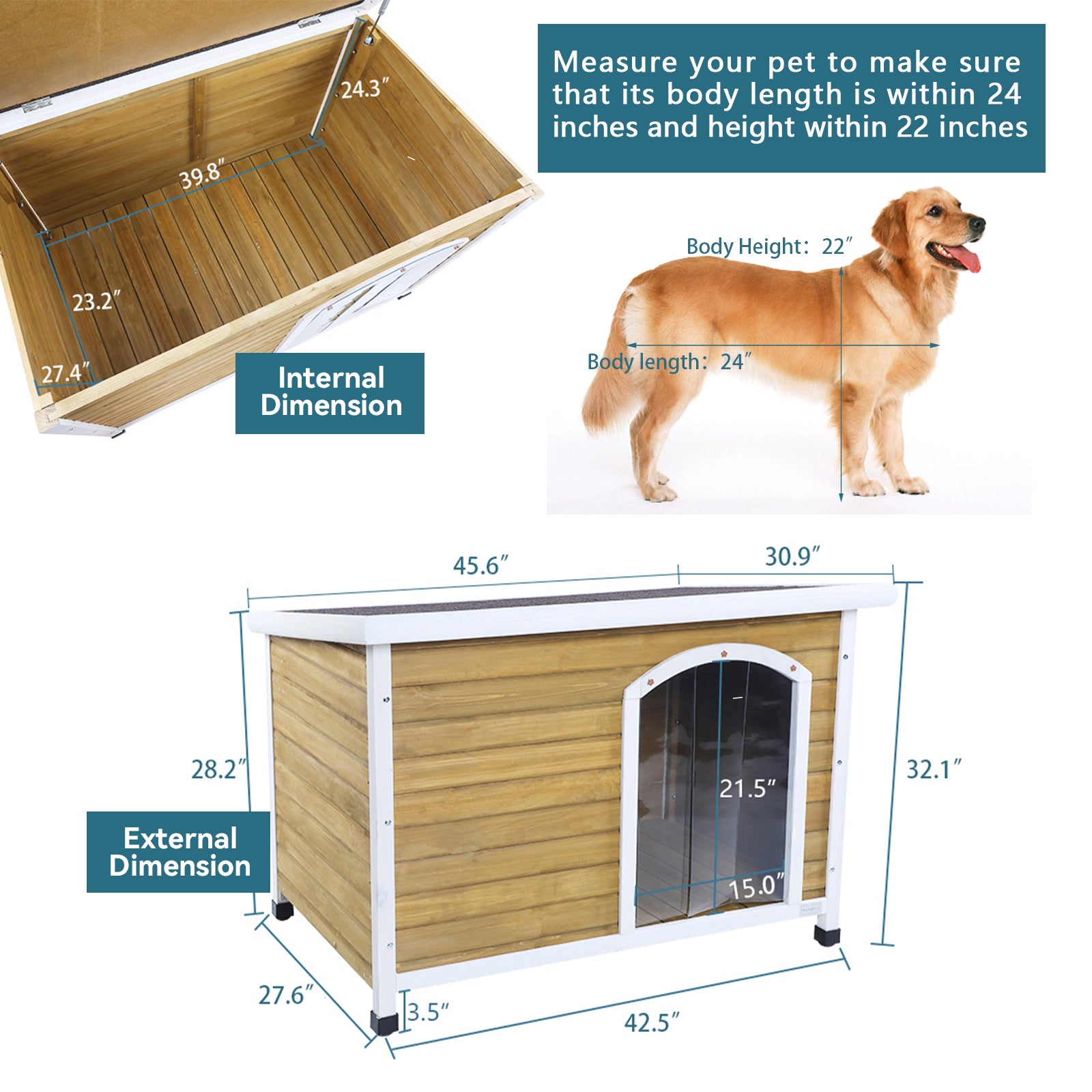 Large Wooden Outdoor Dog House, Waterproof Roof, Elevated Floor, Adjustable Plastic Feet, Yellow Yellow Solid Wood