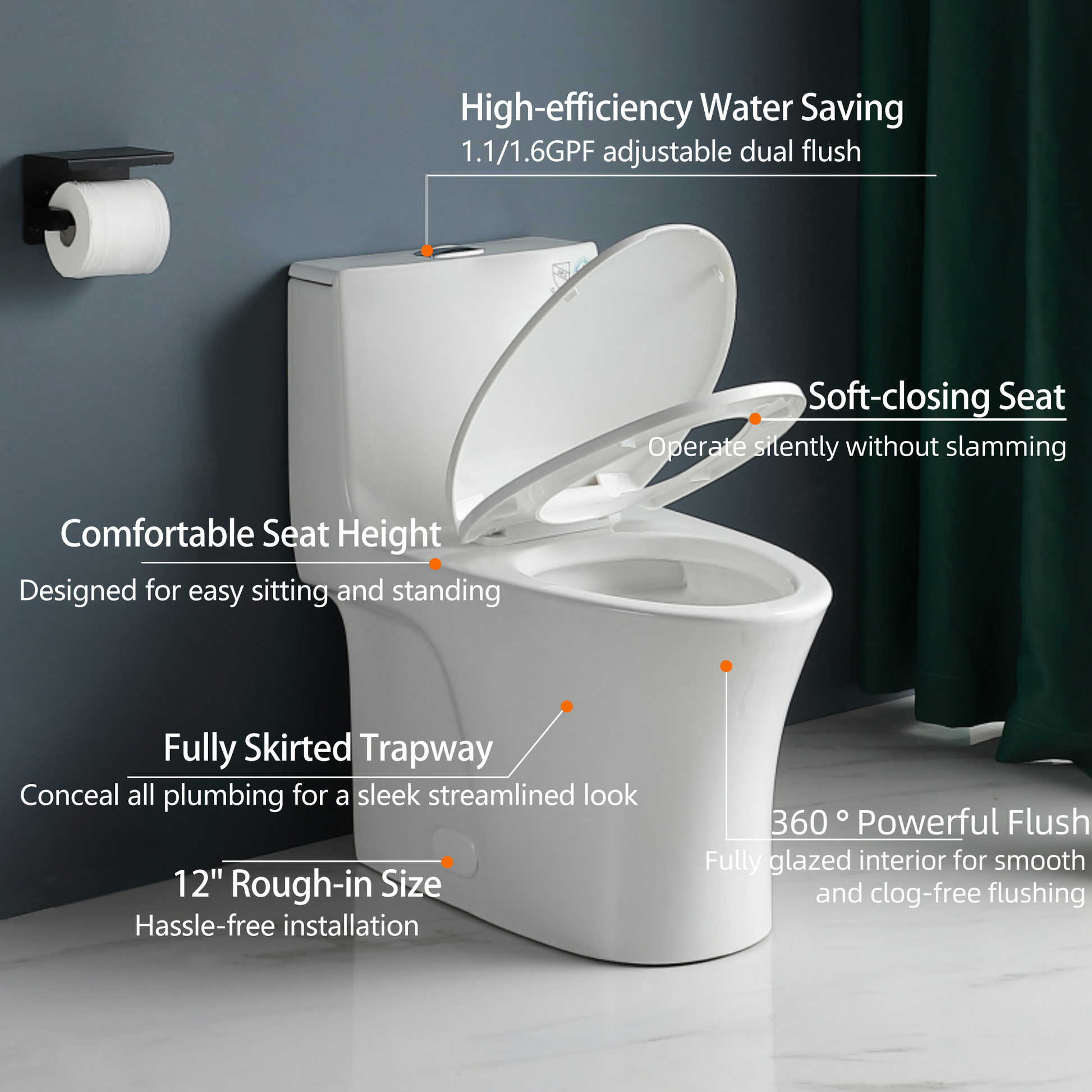 1.1 1.60 Gpf Dual Flush One Piece Toilet, Water Saving Elongated Comfort Height Floor Mounted, Soft Closing Seat, 1000 Gram Map Flushing Score Toilet, Glossy White 23T02 Gw White Ceramic