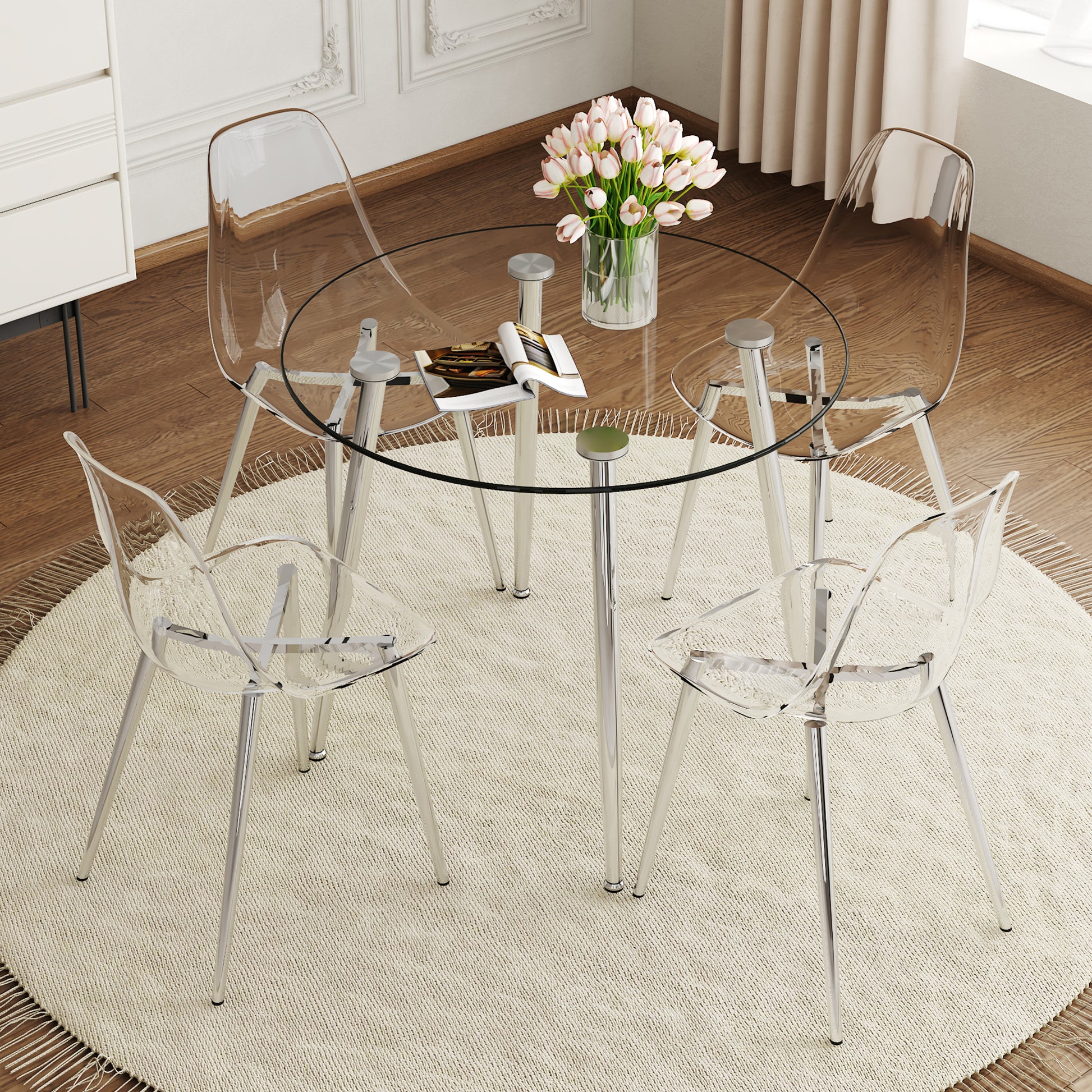 A Modern Minimalist Style Round Transparent Tempered Glass Table, Silver Metal Legs, Paired With 4 Modern Style Transparent Dining Chairs,Bringing A Luxurious Experience. Transparent Seats 4 Glass