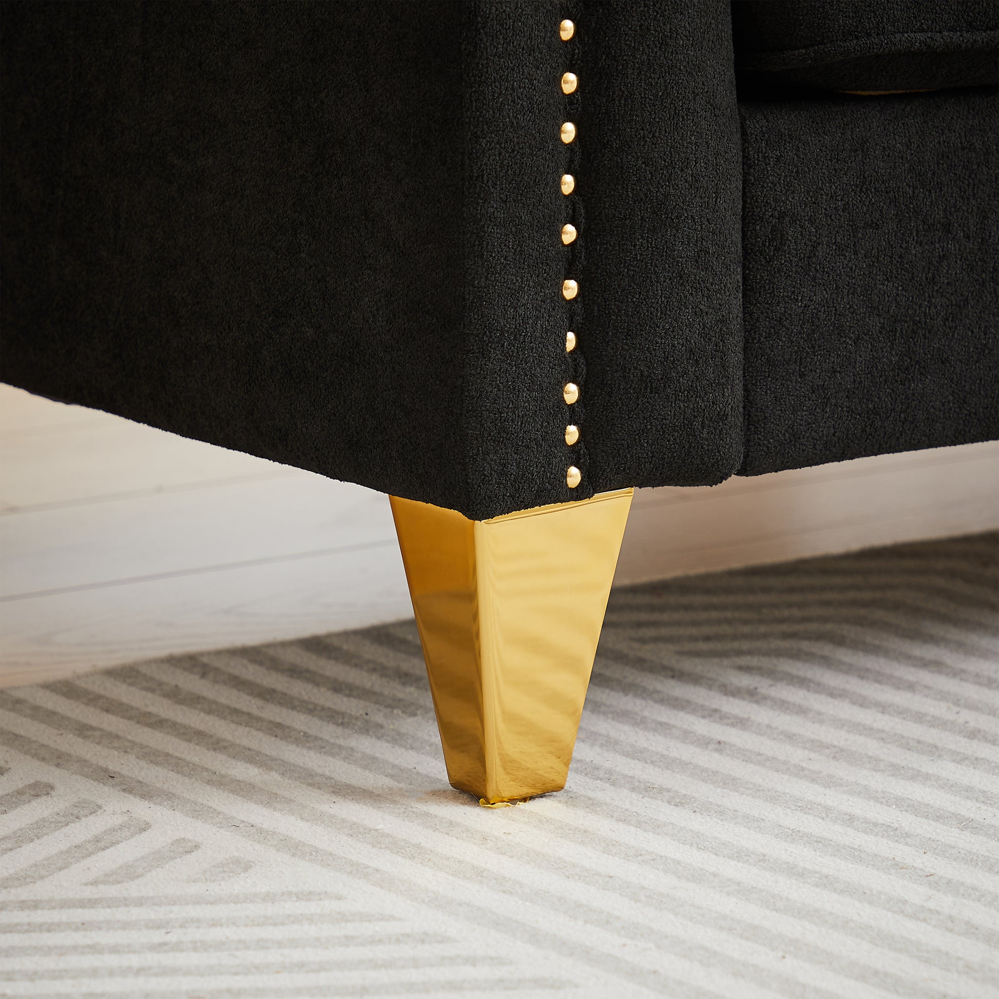 Fx 61.5"Mid Century Design Modern Sofa,Chenille Pull Buckle Design Sofa For Living Room,Buttons Tufted With Copper Nail Decoration Armrest, With 2 Pillows,Modern Couch Upholstered Button And Metal Leg Black Chenille Wood Pine Foam Fabric 2 Seat