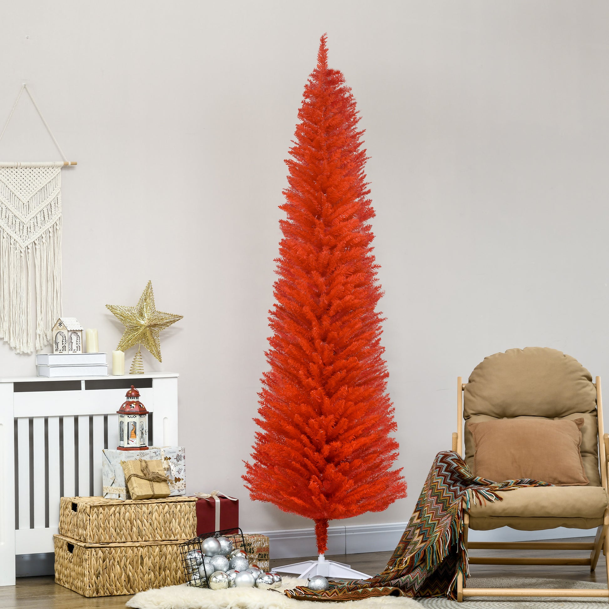 Homcom 7' Artificial Pencil Christmas Tree, Slim Xmas Tree With 499 Realistic Branch Tips And Plastic Stand, Red Red Plastic