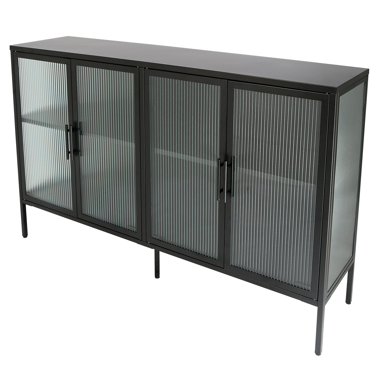 Stylish 4 Door Tempered Glass Cabinet With 4 Glass Doors Adjustable Shelf And Feet Anti Tip Dust Free Fluted Glass Kitchen Credenza Black Black Tempered Glass Sheet Metal Plastic