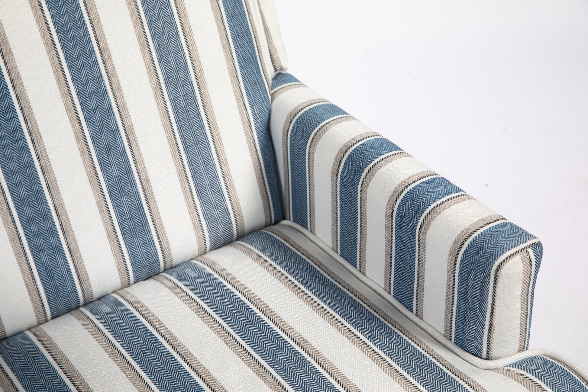Upholstered Accent Chair, Vintage Armchair With Blue And White Striped Linen Fabric And Trim For Living Room Blue Cotton