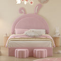 Full Size Upholstered Rabbit Shape Bed With 2 Storage Stools, Velvet Platform Bed With Cartoon Ears Shaped Headboard, Pink Full Pink Wood