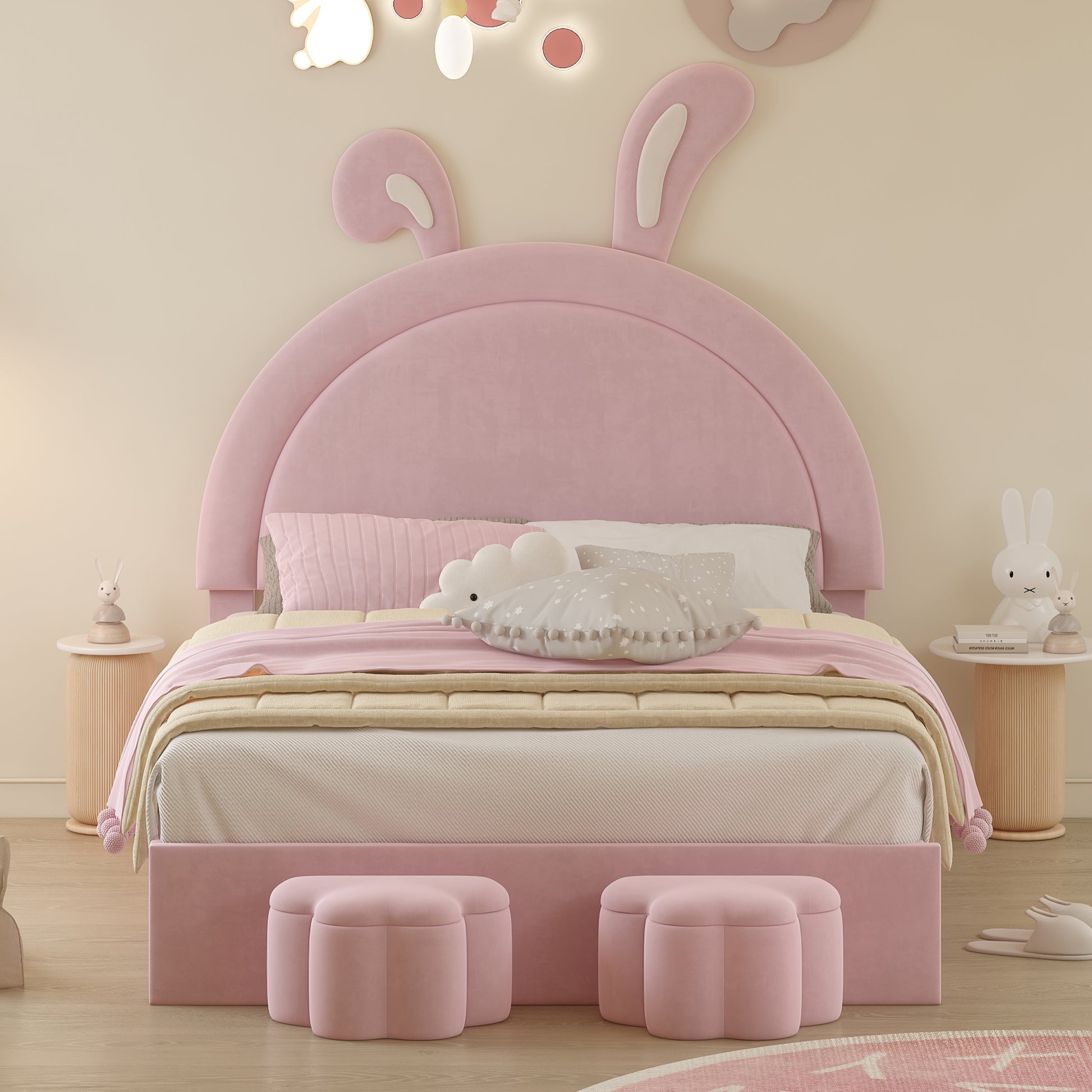 Full Size Upholstered Rabbit Shape Bed With 2 Storage Stools, Velvet Platform Bed With Cartoon Ears Shaped Headboard, Pink Full Pink Wood