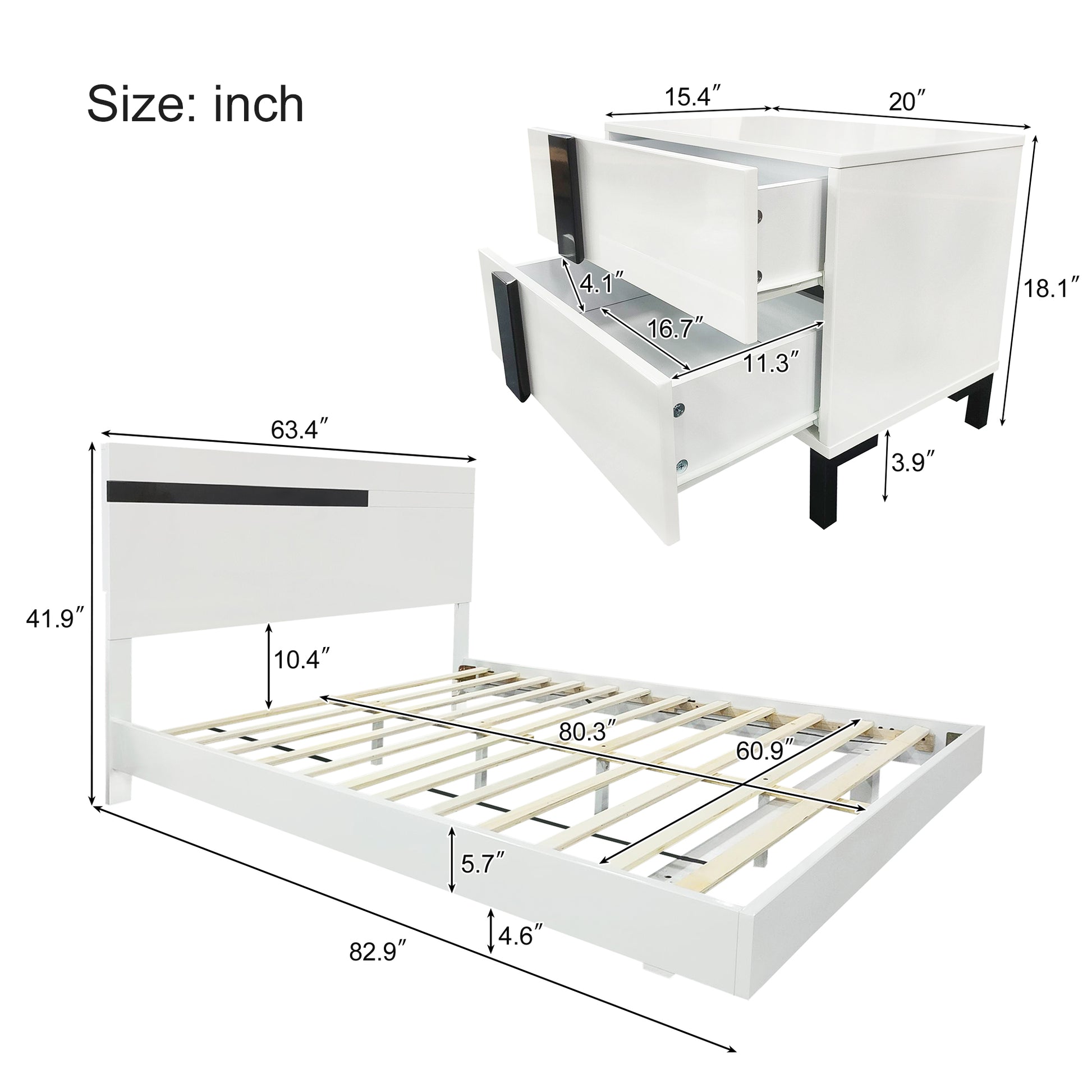 Modern High Gloss 3 Piece Bedroom Set Floating Bed Frame Queen Size Platform Bed With Led Light & 2 Nightstands, White Box Spring Not Required Queen White Wood 3 Piece Set Solid Wood Mdf