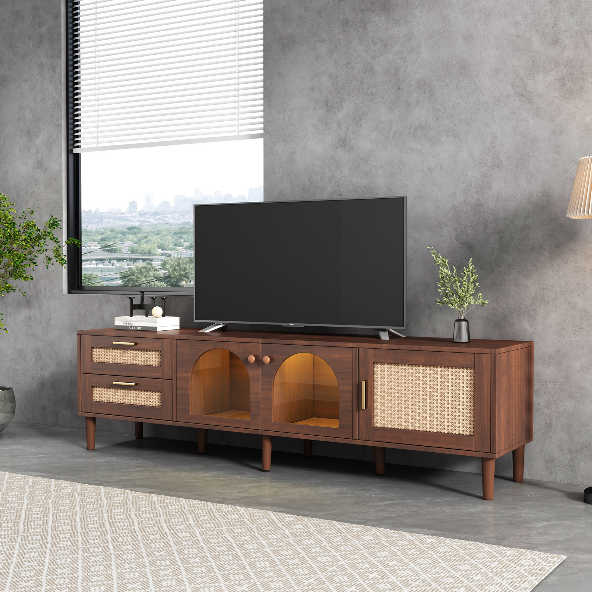 Rattan Tv Stand With 3 Cabinets & 2 Drawers, Rattan Inspired Media Console Table For Tvs Up To 80'', Led Light Entertainment Center, Tv Cabinet For Living Room, Bedroom, Home Theatre Dark Brown