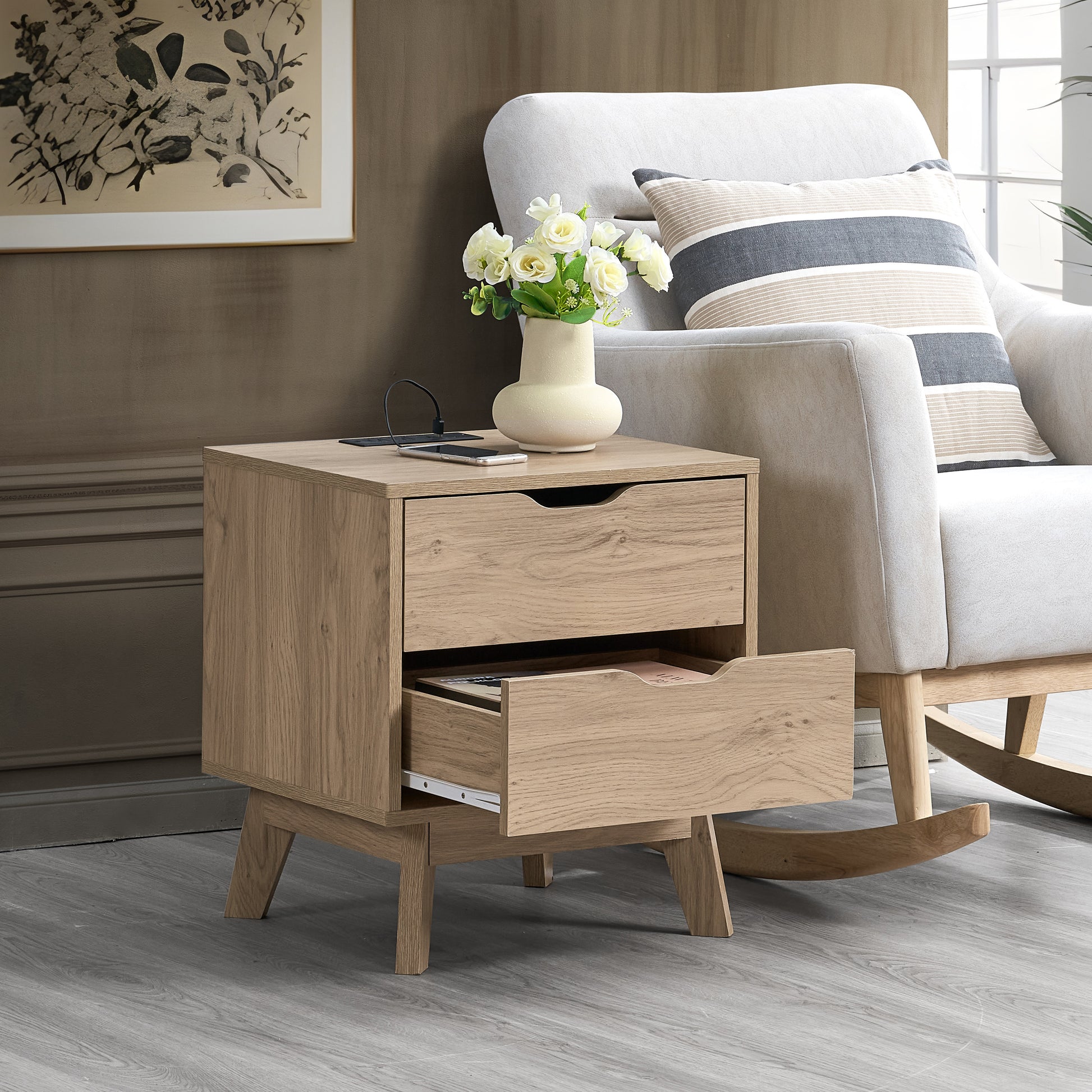 Nordica Night Stand With Charging Station With Usb & Type Cdrawer Slide Pre Assembly, End Table With Drawers For Bedroom Living Room, Side Table For Bedroom, Easy Assembly, Natural Oak Oak 2 Drawers Bedside Cabinet Bedroom American Design,American