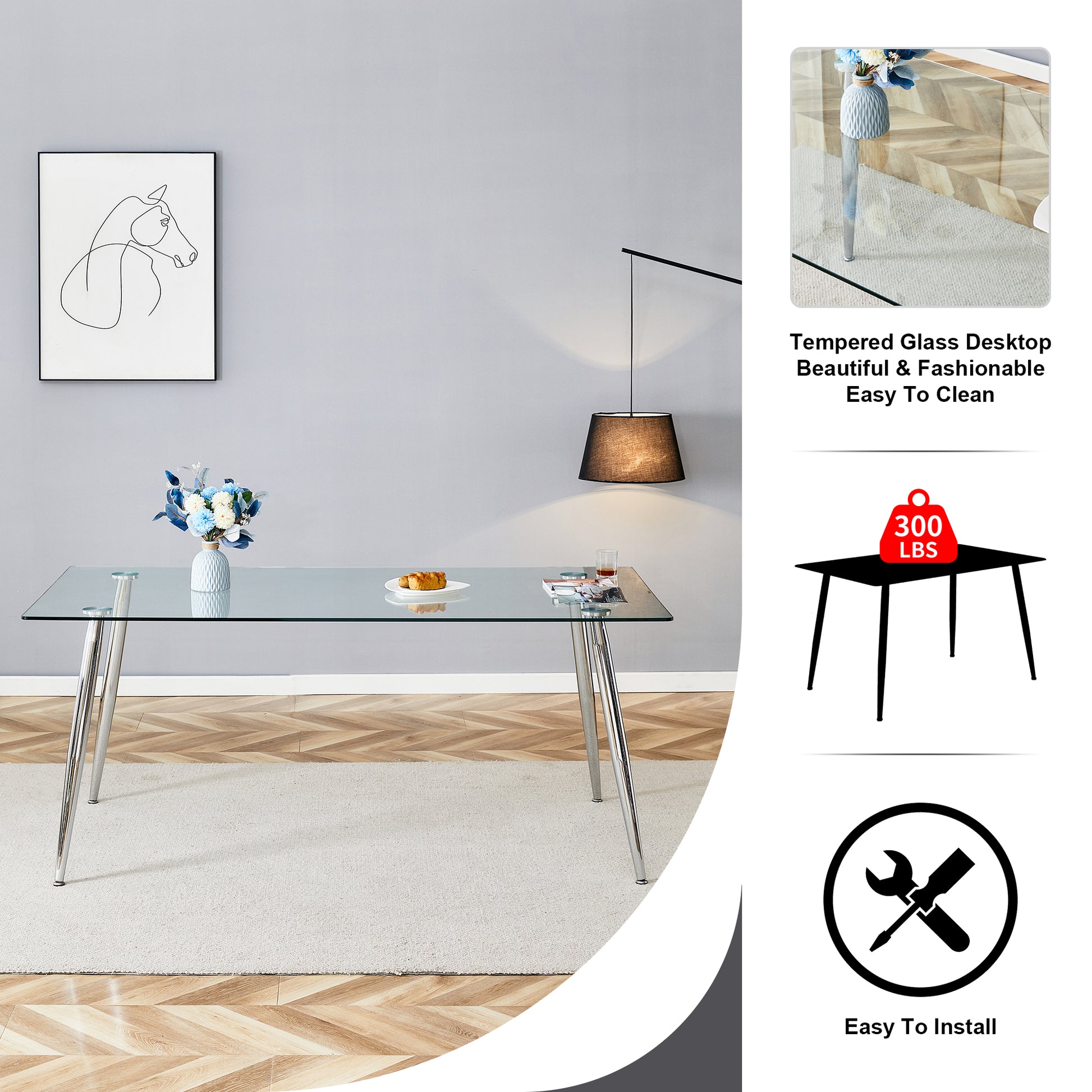 Table And Chair Set.Modern Rectangular Glass Dining Table With Tempered Glass Countertop And Silver Metal Legs, Paired With Multiple Transparent High Quality Pet Dining Chairs With Silver Legs. Silver Seats 8 Tempered Glass