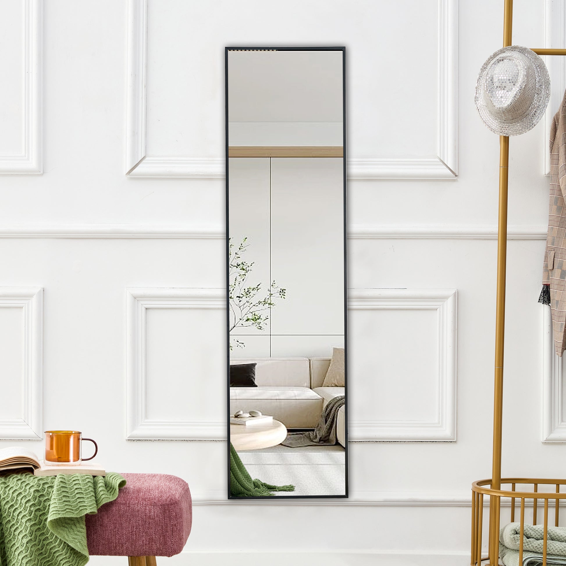 The 4St Generation Aluminum Alloy Metal Frame Wall Mounted Full Body Mirror, Bathroom Makeup Mirror, Bedroom, Decorative Mirror, Clothing Store, Floor Mounted Large Mirror, Black 63 "* 20"W1151127265 Black Glass