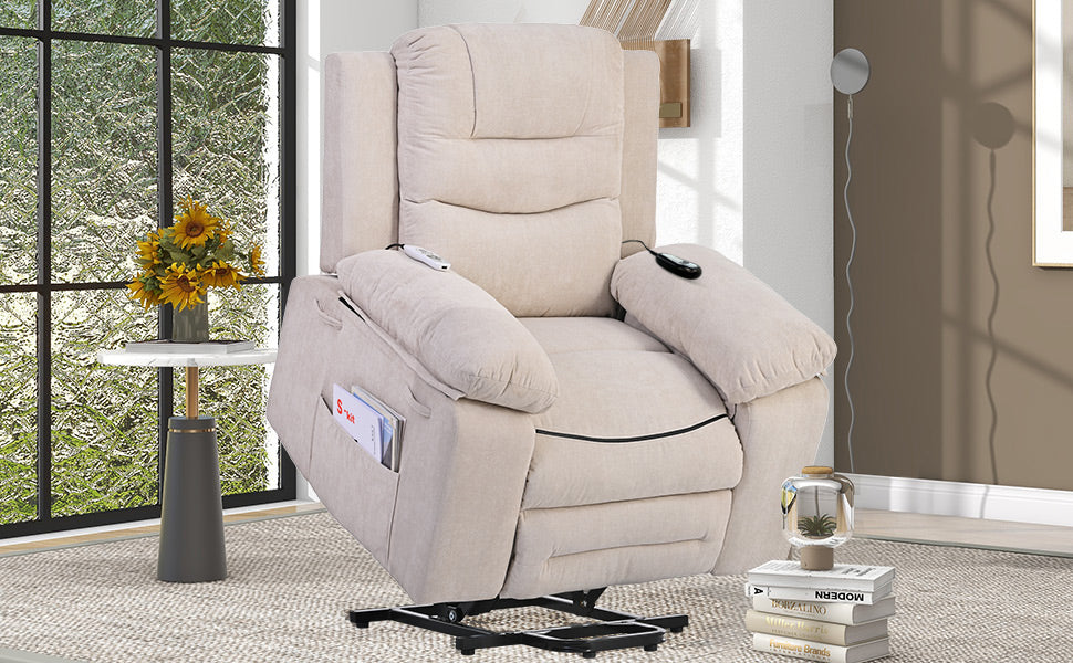 Massage Recliner,Power Lift Chair For Elderly With Adjustable Massage And Heating Function,Recliner Chair With Infinite Position And Side Pocket For Living Room ,Beige Beige Foam Linen