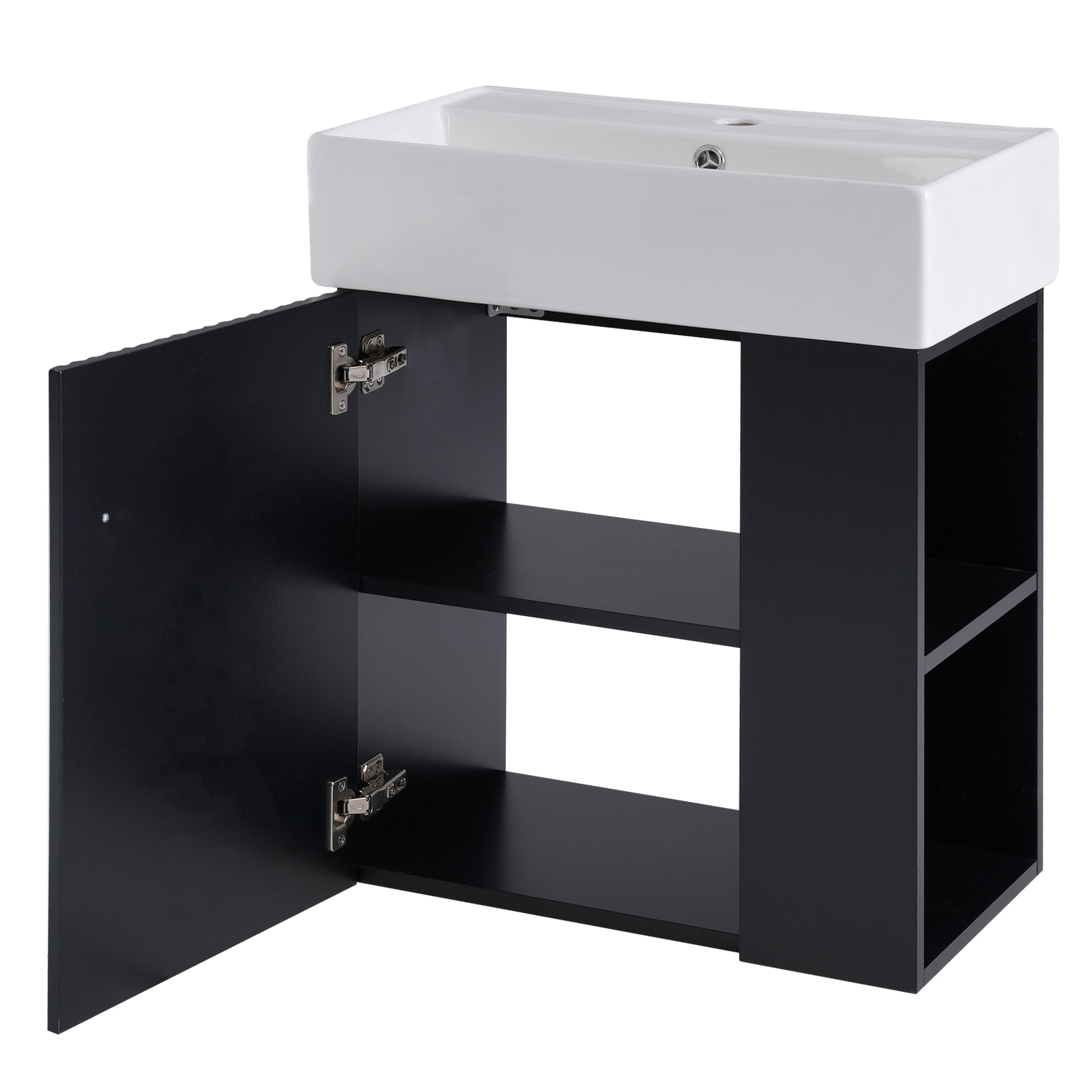 Video 21.6 Inch Modern Floating Bathroom Vanity With Ceramic Basin Perfect For Small Bathrooms, Right Side Storage Black Bathroom Ceramic Mdf