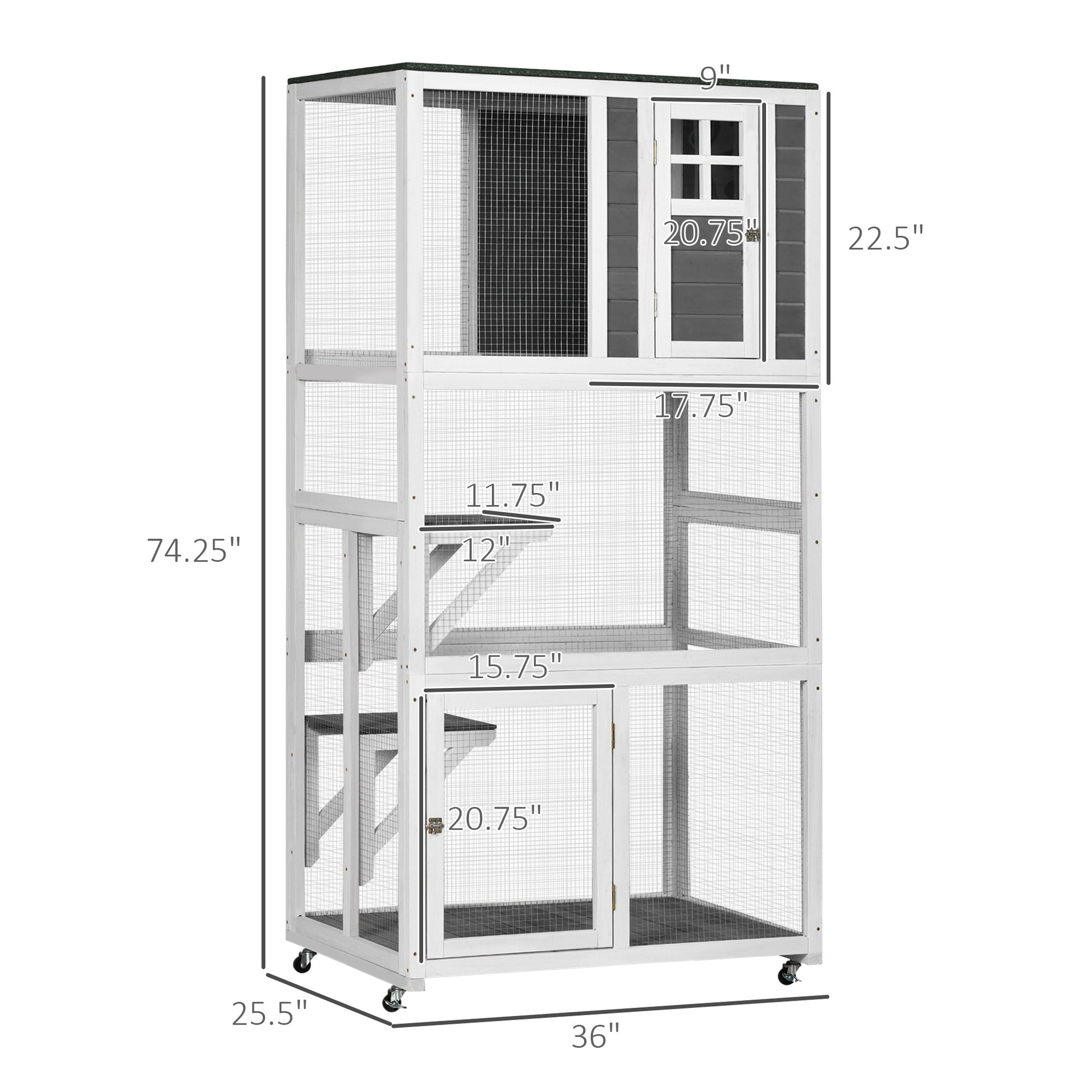 Pawhut 74" Wooden Outdoor Cat House Weatherproof & Wheeled, Catio Outdoor Cat Enclosure With High Weight Capacity, Kitten Cage Condo, Gray Gray Wood