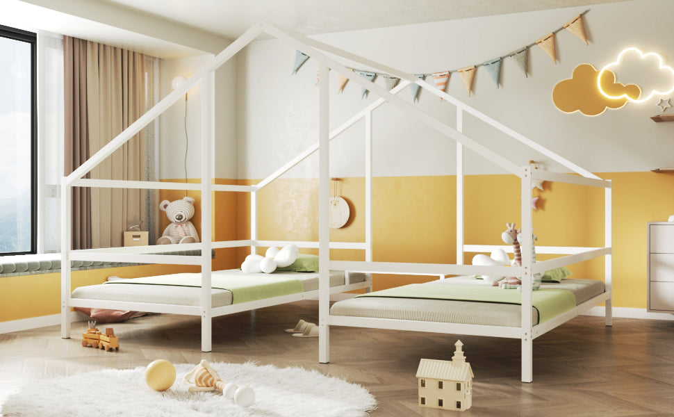 Metal Double Twin Size Triangular House Beds With Built In Table, White Box Spring Not Required Twin White Metal Metal