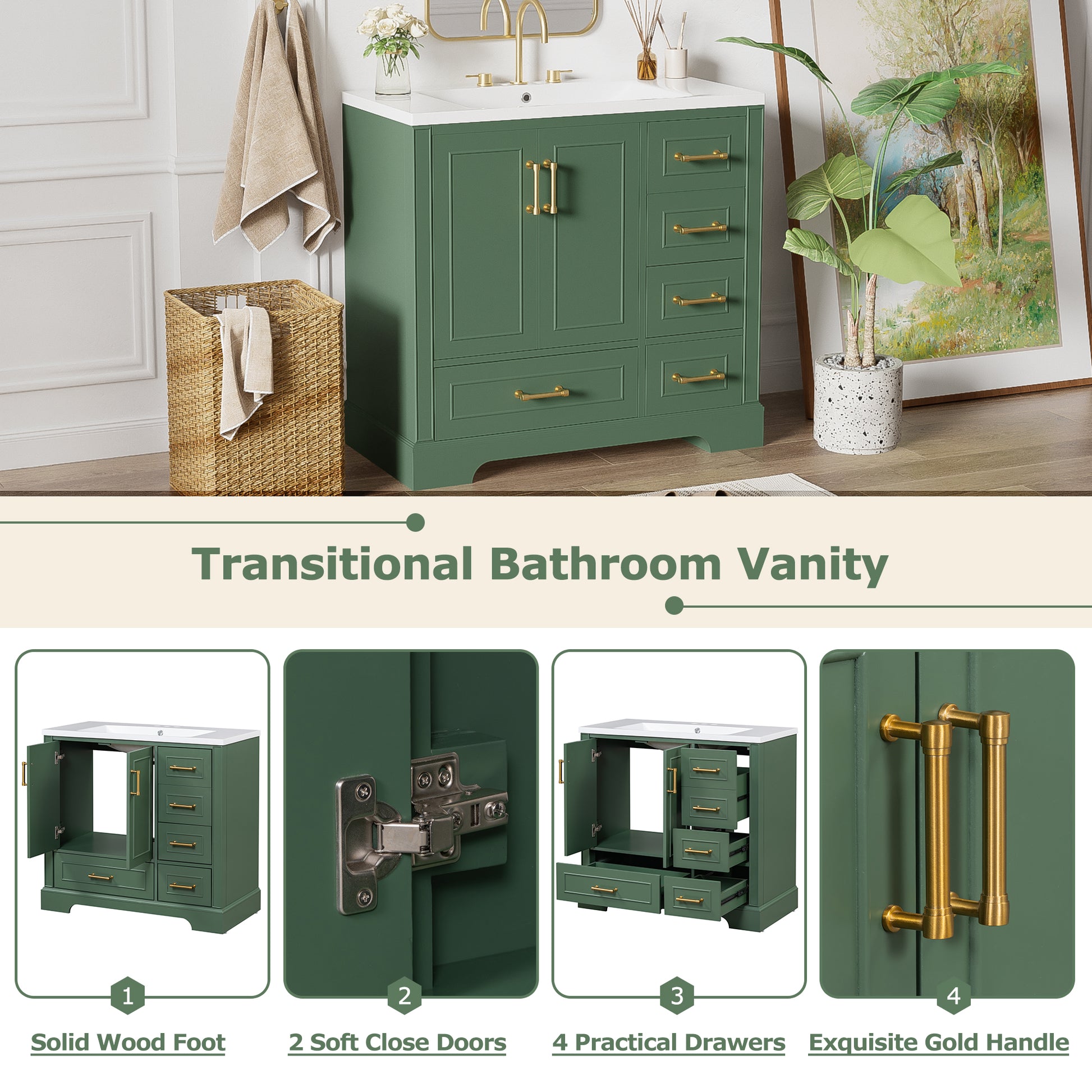 36 Inch Traditional Bathroom Vanity With Resin Sink Combo Set, Green Bathroom Cabinet With Two Doors And Four Drawers Green Bathroom Solid Wood Mdf Resin