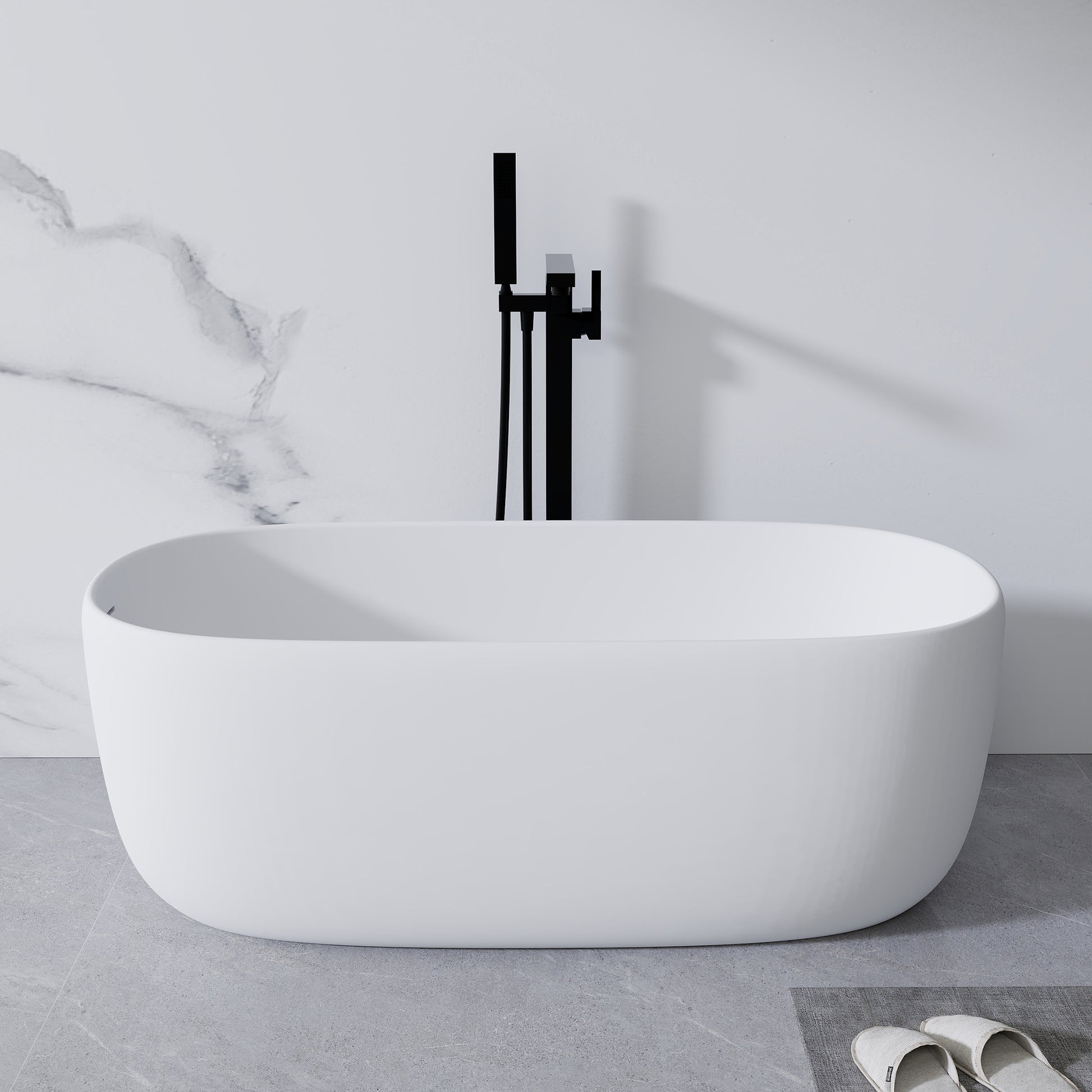 51'' Freestanding Bathtub Resin Stone Soaking Bathtub Solid Surface Modern Tubs With Overflow And Pop Up Drain In White Matte White Oval Bathroom Freestanding Tubs Matte Less Than 59 In Soaking Center Solid Surface Solid Surface