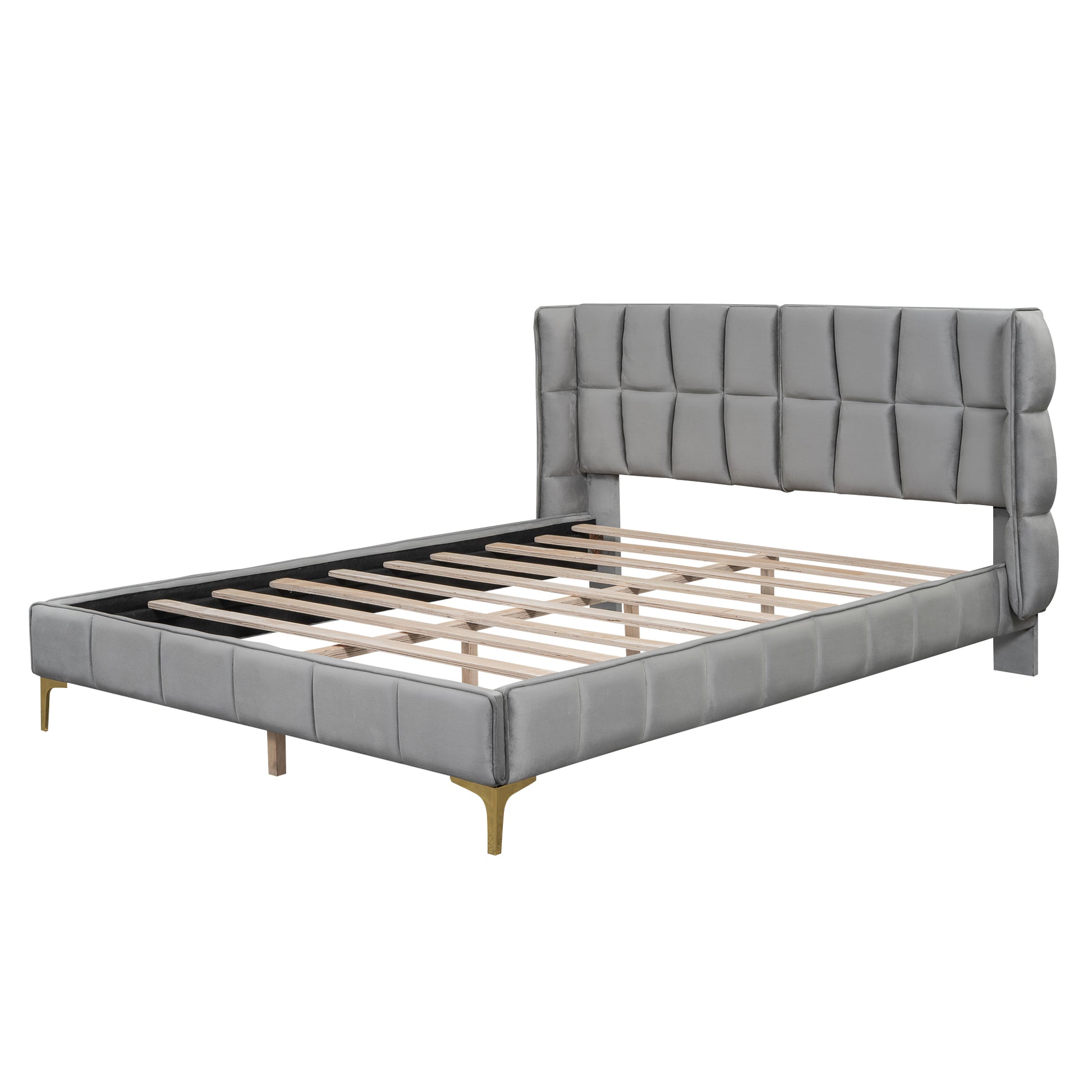 Queen Size Upholstered Velvet Platform Bed, Gray Box Spring Not Required Queen Gray Wood Bedroom Bed Frame Velvet Upholstered