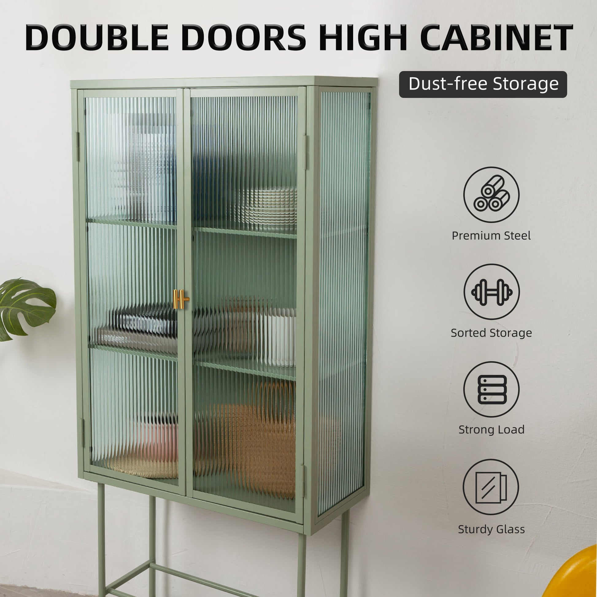 Mint Green Tall Freestanding Display Cupboard Stylish Fluted Glass Storage Cabinet With Glass Doors Three Detachable Shelves Bottom Space For Office Dining Room Living Room Bedside Old Sku:W68743736 Mint Green Steel