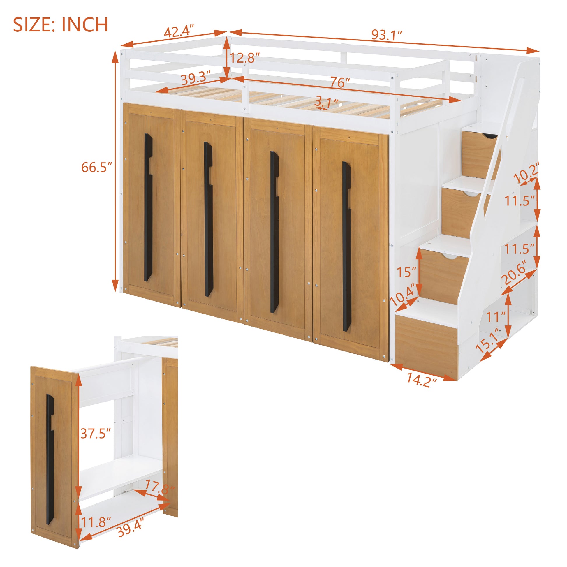 Modern Loft Bed With Two Tone Storage Stairs And Pull Out Wardrobes, White Twin White Solid Wood Mdf