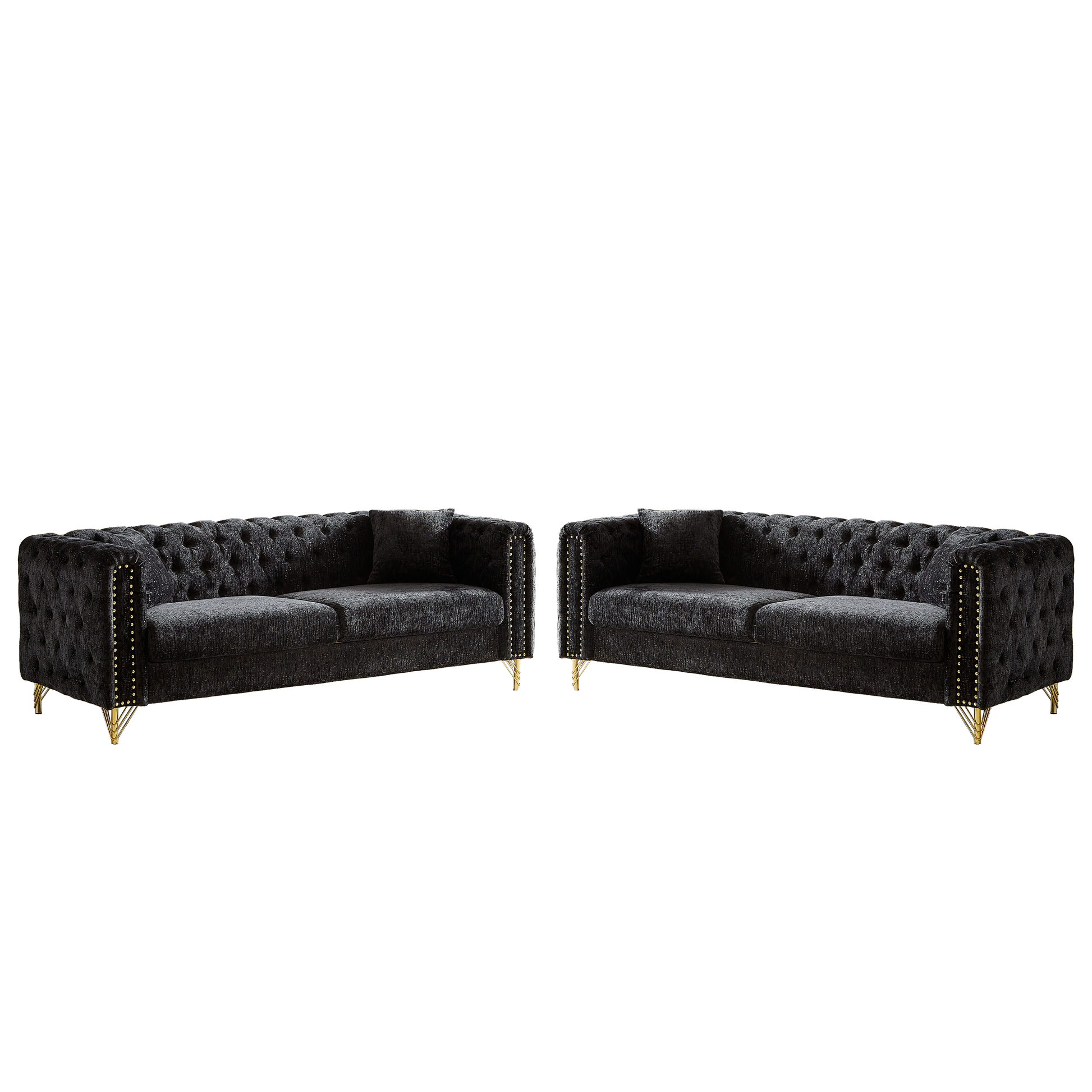 Chenille Pull Buckle Design Sofa For Living Room,Buttons Tufted With Copper Nail Decoration Armrest, Modern Couch Upholstered Button And Metal Legs Black Foam Chenille 6 Seat