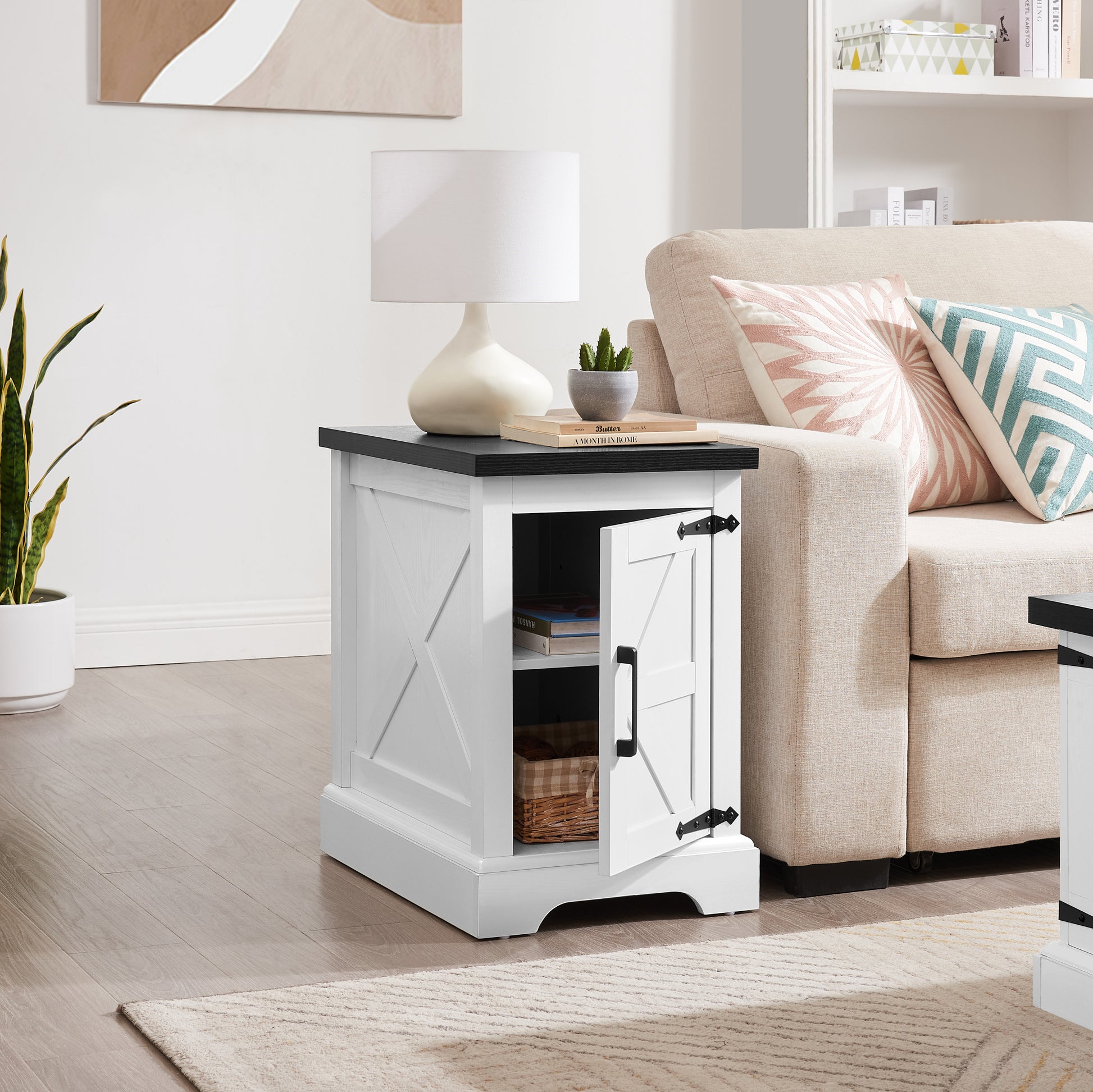 Farmhouse End Table Nightstand Rectangular Farmhouse End Table With Barn Door And Adjustable Storage Shelf, Rustic Sofa Side Table For Living Room, Bedroom, White White Black Mdf