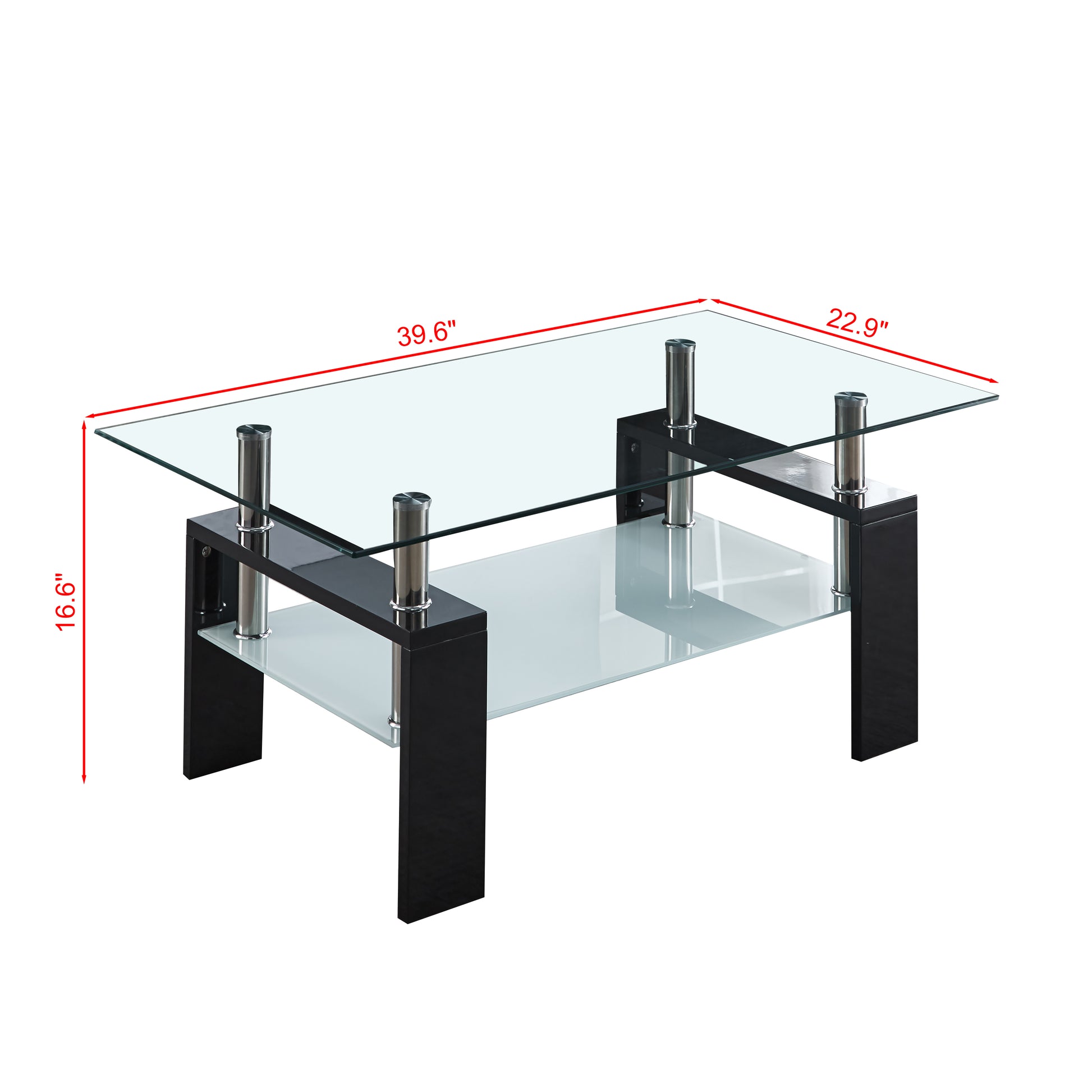 Artisan Center Coffee Table, Tempered Glass Top Stainless Steel Legs For Living Room, Black Black Mdf