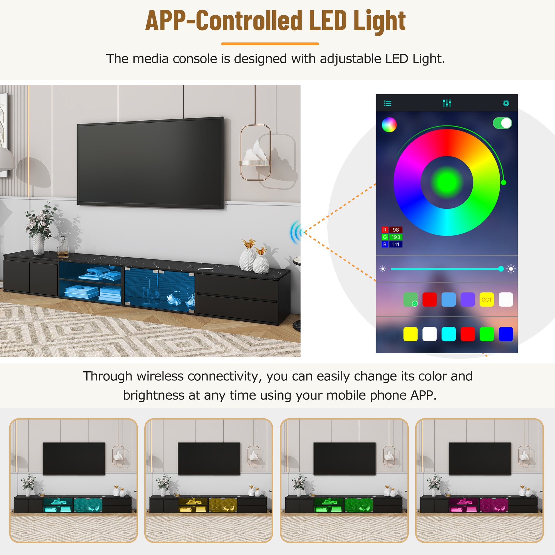 Modern App Controlled Led Tv Stand For Tvs Up To 105'', Faux Marble Tabletop Media Console With Tempered Glass Doors, Entertainment Center With 2 Drawers & Cabinets For Living Room, Black Black 90 Inches Or Larger Particle Board Mdf