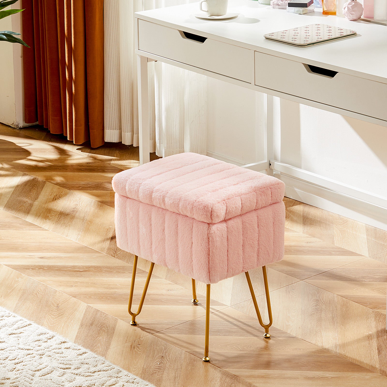 Vanity Stool Chair With Storage, Ottoman Faux Fur Soft Padded Makeup Footstools Seat With 4 Metal Legs Anti Slip Adjustable Feet Modern,Pink Pink Faux Fur