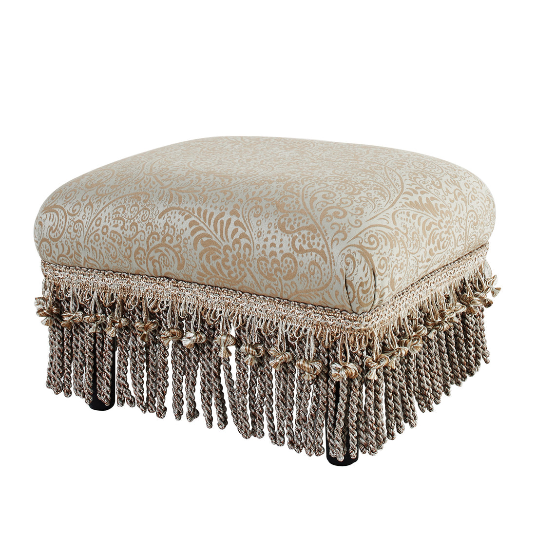 Fiona Accent Footstool Ottoman, Silvery Blue Beige Paisley Jacquard Beige Foam Fabric