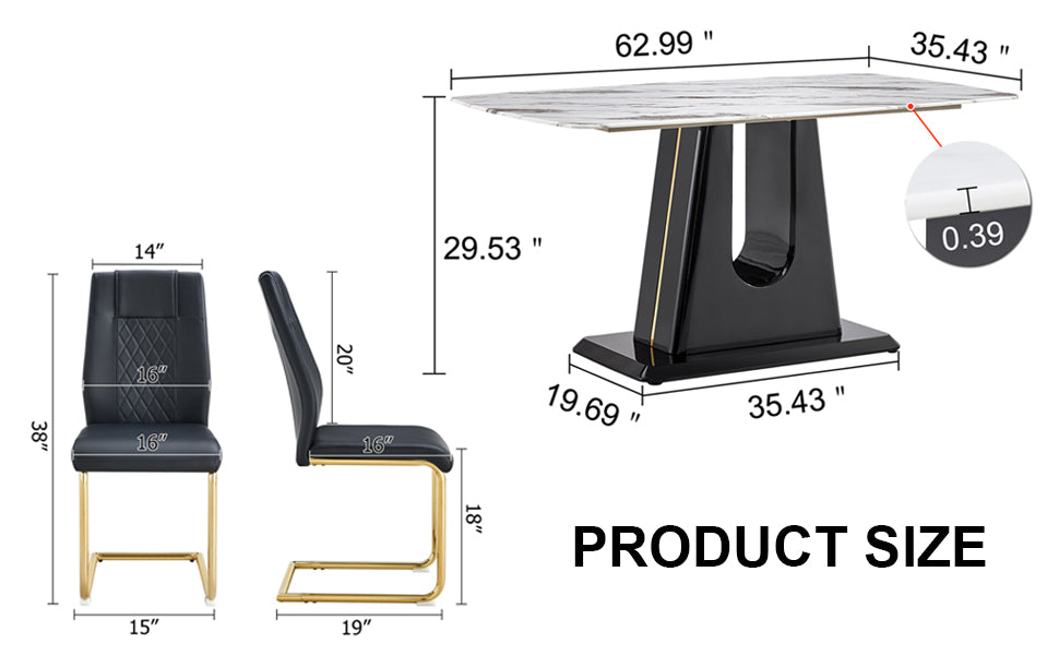Table And Chair Set, Modern And Minimalist Dining Table, Imitation Marble Patterned Tabletop, Mdf Legs With U Shaped Brackets. Paired With Comfortable Chairs, Suitable For Dining And Living Rooms. Black Gold Mdf Glass