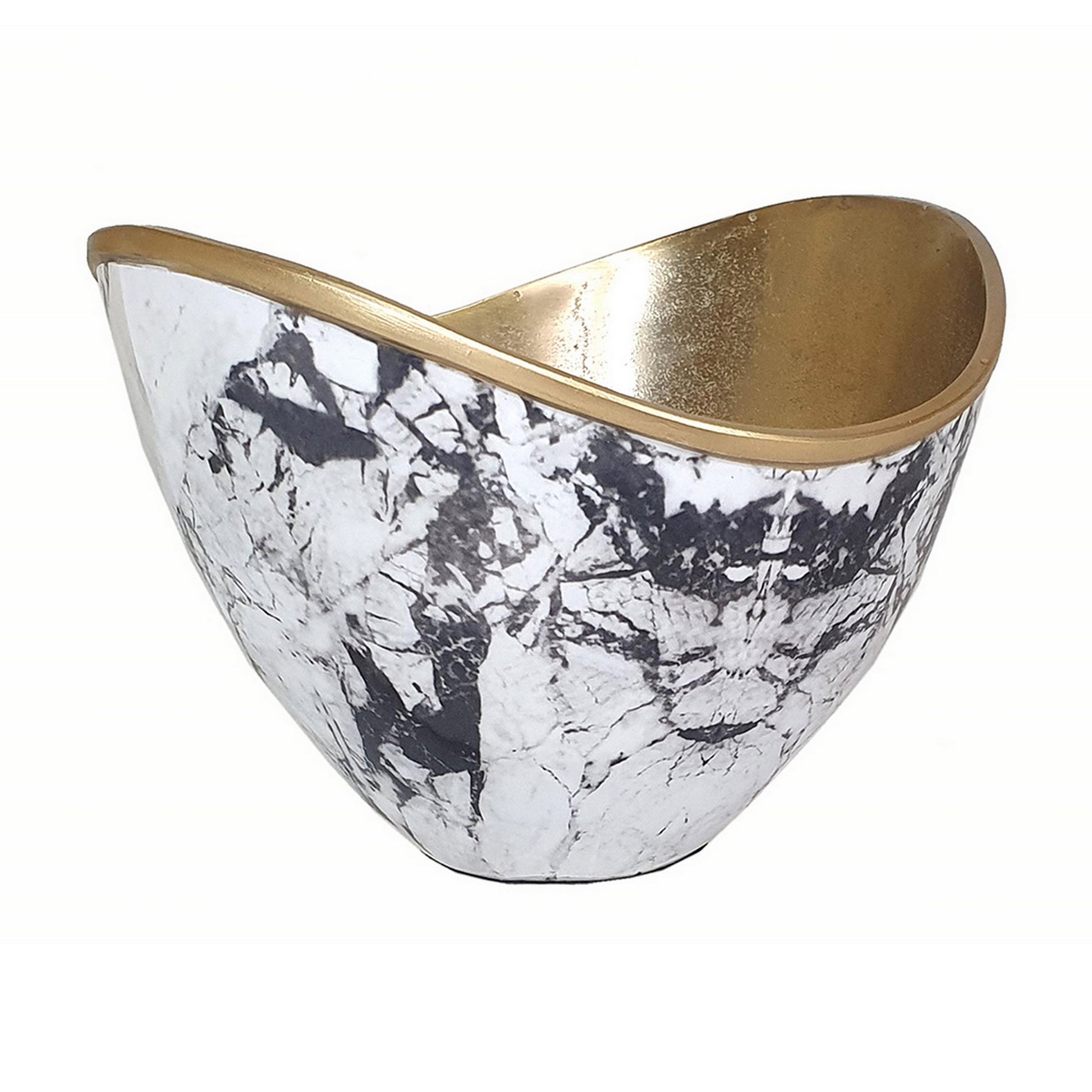 Sinzo 10 Inch Curved Bowl, Gold Aluminum, Textured Design, Black, White White Black Aluminum