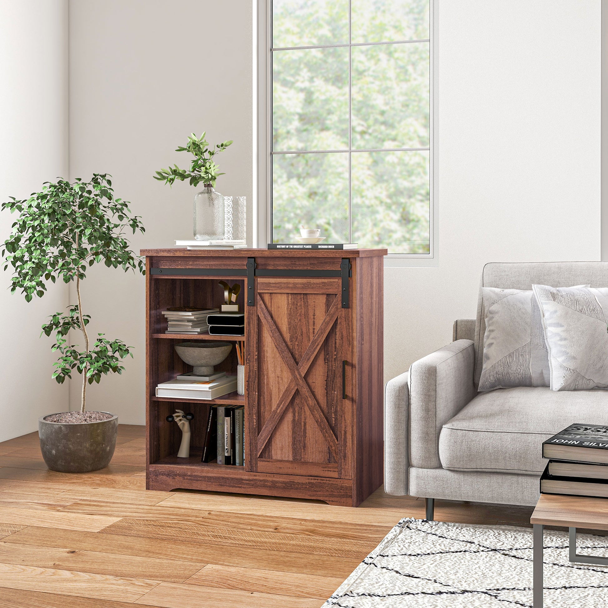 Homcom Farmhouse Coffee Bar Cabinet, 33" Buffet Sideboard With Sliding Barn Door And Adjustable Shelf, Kitchen Buffet Cabinet, Brown Brown Particle Board