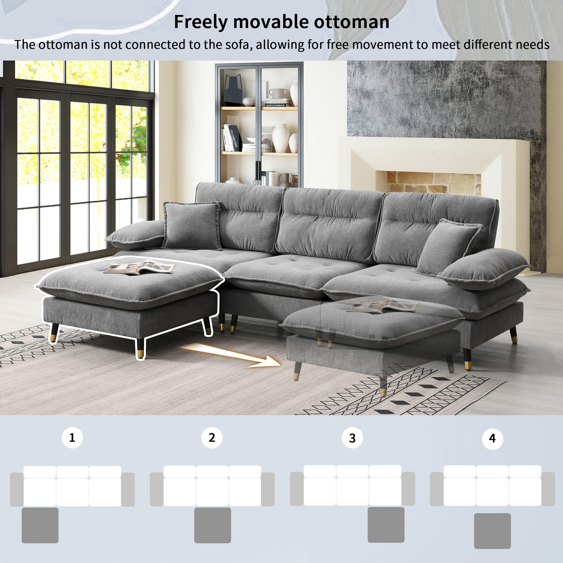 106*66.5" L Shaped Convertible Sectional Sofa,4 Seat Tufted Couch Set With Two Tone Adjust Legs,Cloud Chenille Fabric,Movable Ottoman For Living Room, Apartment,Office,3 Colors Gray Chenille 4 Seat