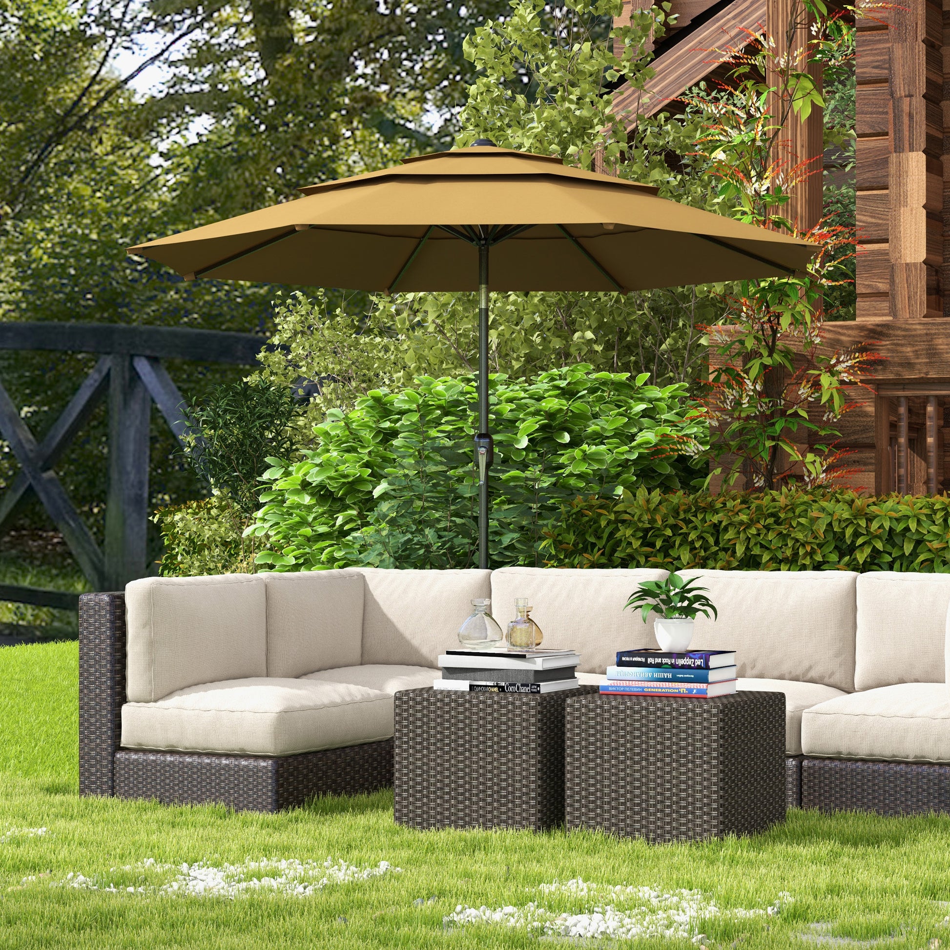 Outsunny 9Ft 3 Tiers Patio Umbrella Outdoor Market Umbrella With Crank, Push Button Tilt For Deck, Backyard And Lawn, Tan Tan Polyester