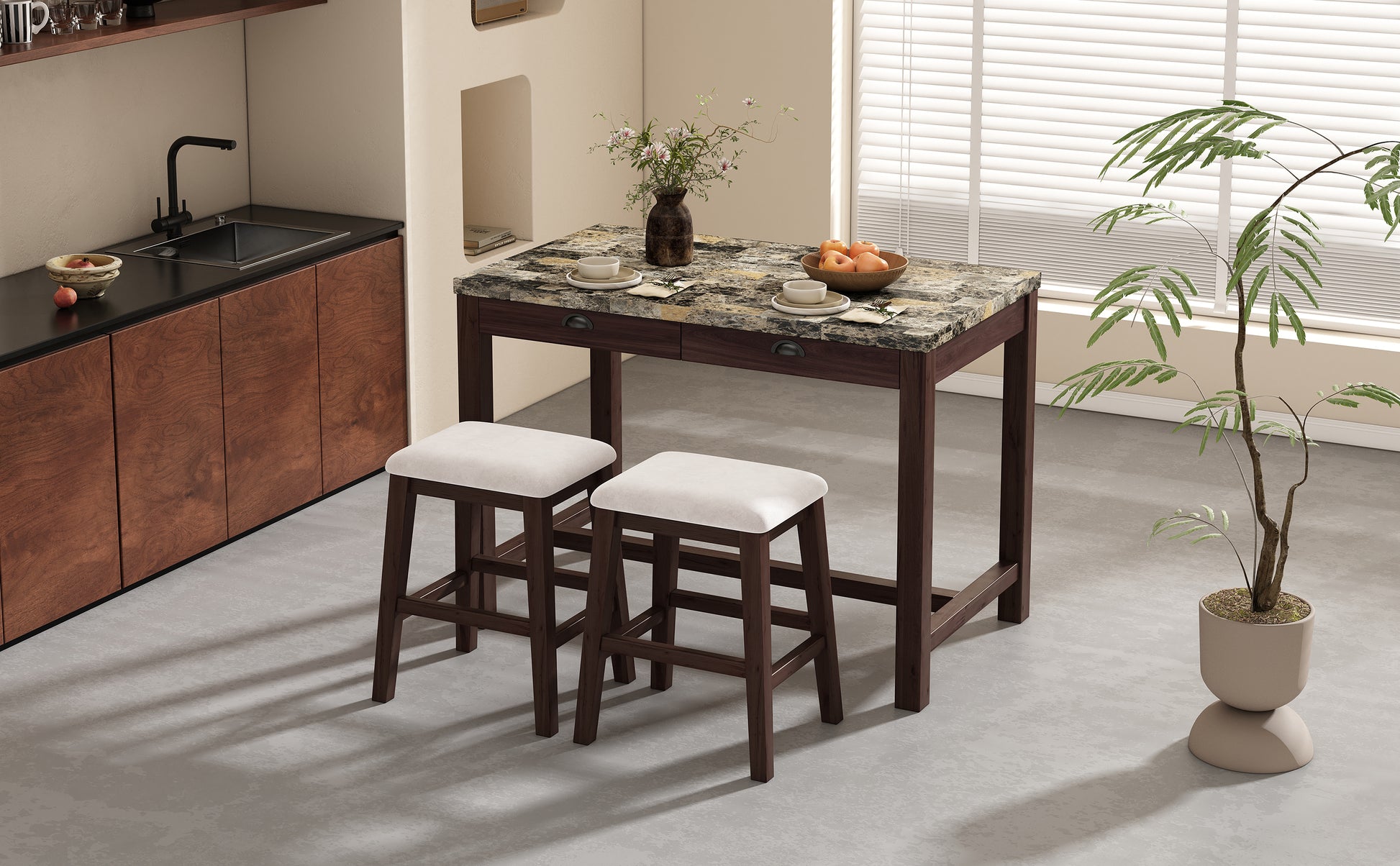 3 Piece Modern Faux Marble Versatile Bar Table Set With Storage Drawers And Padded Stools, Ideal For Space Saving Dining Nooks Or Small Kitchens Walnut Walnut Solid Wood Mdf