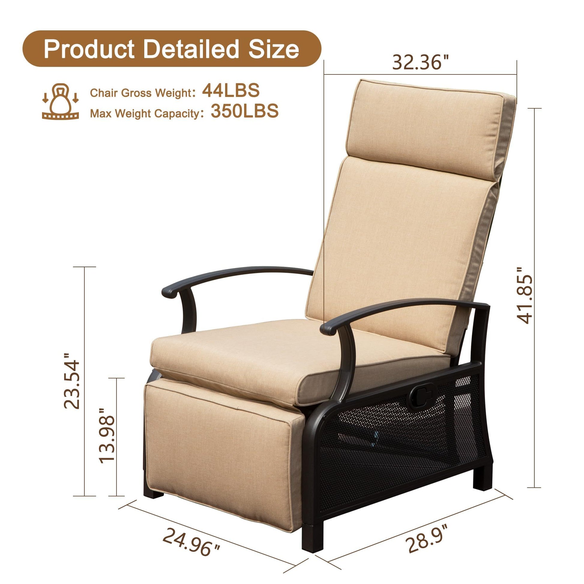 Adjustable Patio Recliner Chair Metal Outdoor Lounge Chair With Flip Table Push Back, Adjustable Angle, 6.8'' Removable Cushions, Support 350Lbs, Beige Yes Beige Garden & Outdoor Metal