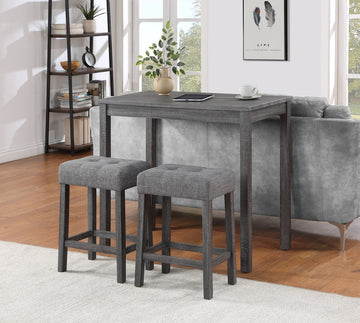 Lux Gray 3 Piece Counter Height 36" Pub Table Set With Tufted Gray Linen Stools Gray Linen