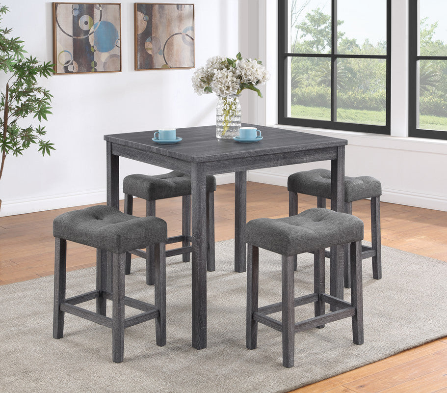 Lucian Gray 5 Piece Counter Height 36" Pub Table Set With Tufted Gray Linen Stools Gray Linen