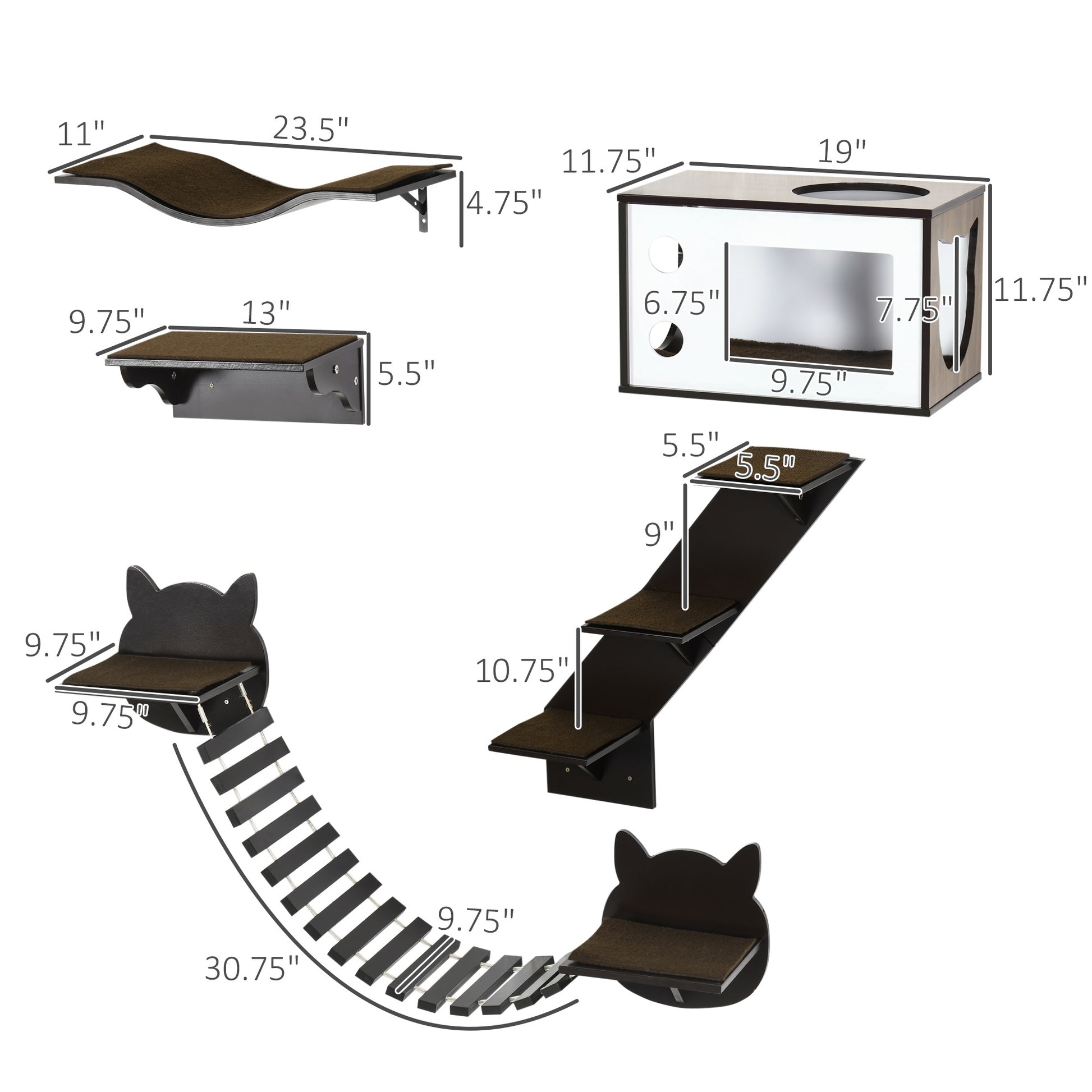 Pawhut Cat Shelves With Ergonomiy Curved Platform, Cozy Cat House, Bridge, Easy Stairs, And Flat Perch, Wall Mounted Cat Tree Climbing Playground, Modern Cat Tree, Coffee Brown Brown Mdf